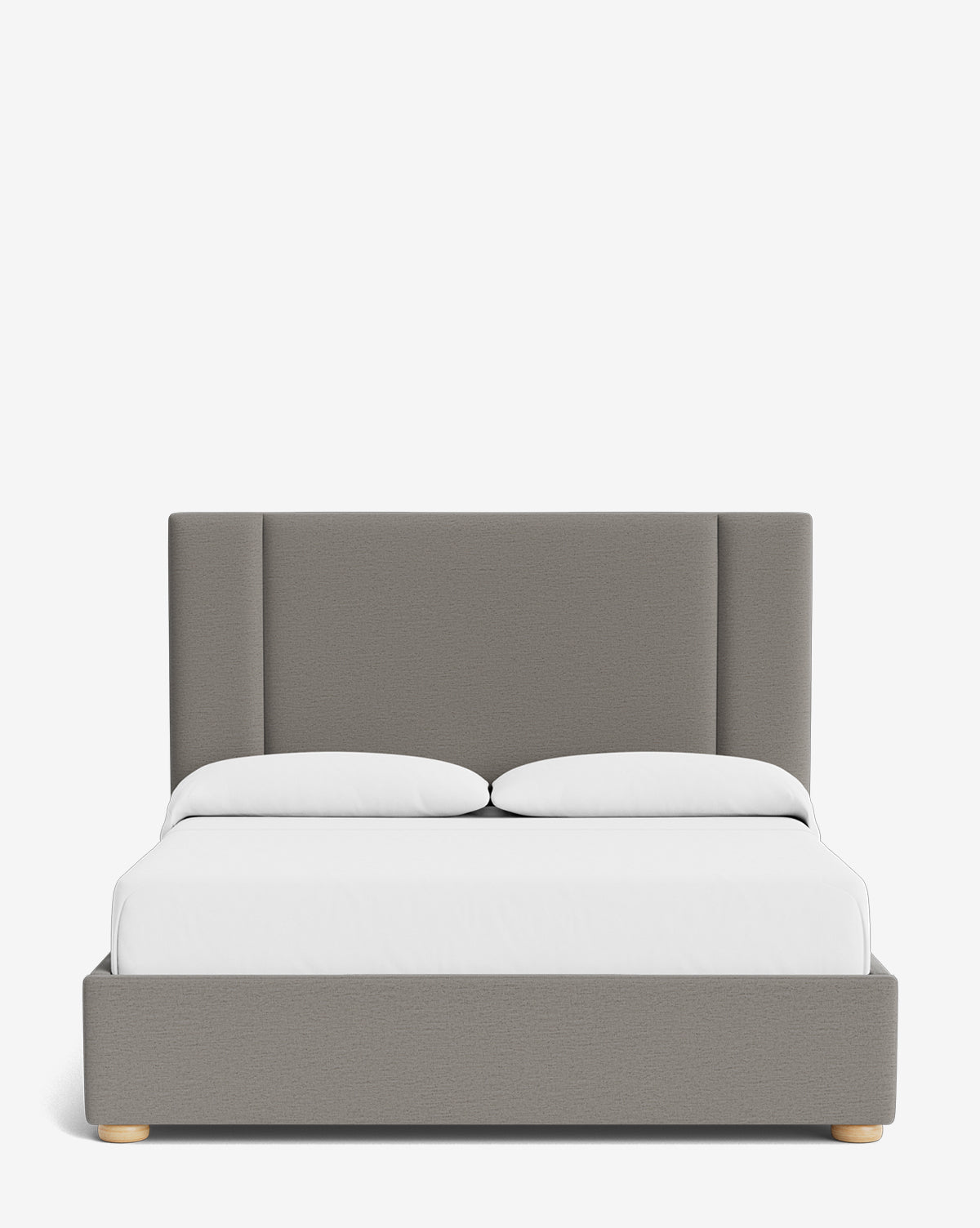The Mina Bed showcases a modern upholstered frame with a tall gray headboard, premium fabrics, white bedding, and two pillows, displayed on a plain white background by McGee & Co.