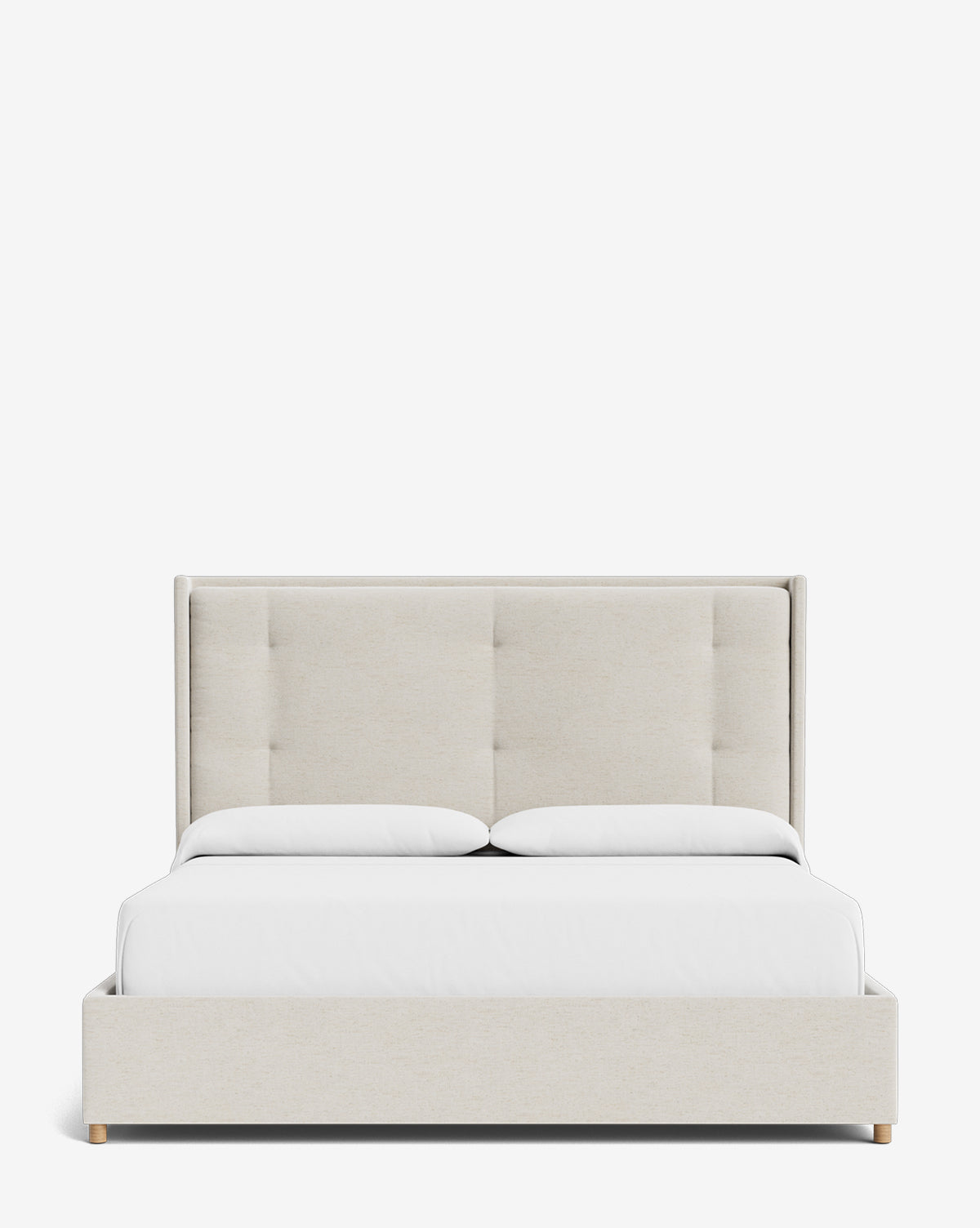 The Ria Bed features a modern beige upholstered frame with a customizable tufted headboard and crisp white bedding, displayed from the front against a plain white background, by McGee & Co.