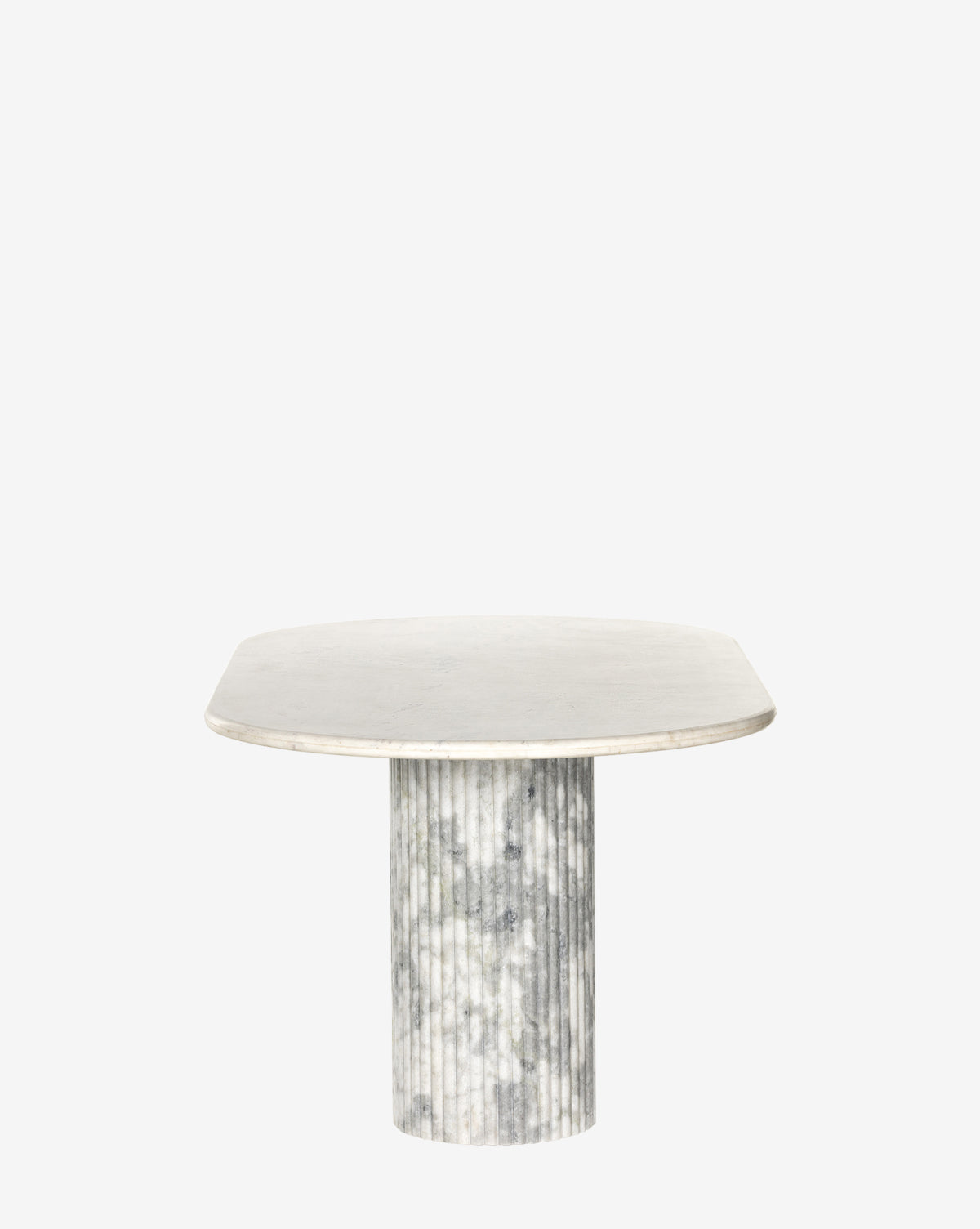 The Patrick Dining Table features a square, rounded-edge marble top and a fluted cylindrical base, presented against a plain white background by McGee & Co.