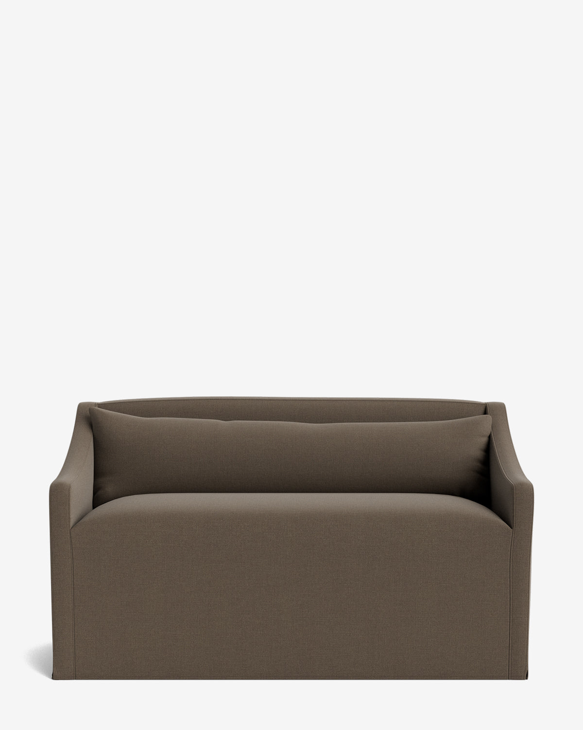 The Olivier Slipcover Dining Bench by Rowe Fine Furniture, Inc. features a modern design with a brown upholstered seat and straight arms, shown against a plain white background. McGee & Co.
