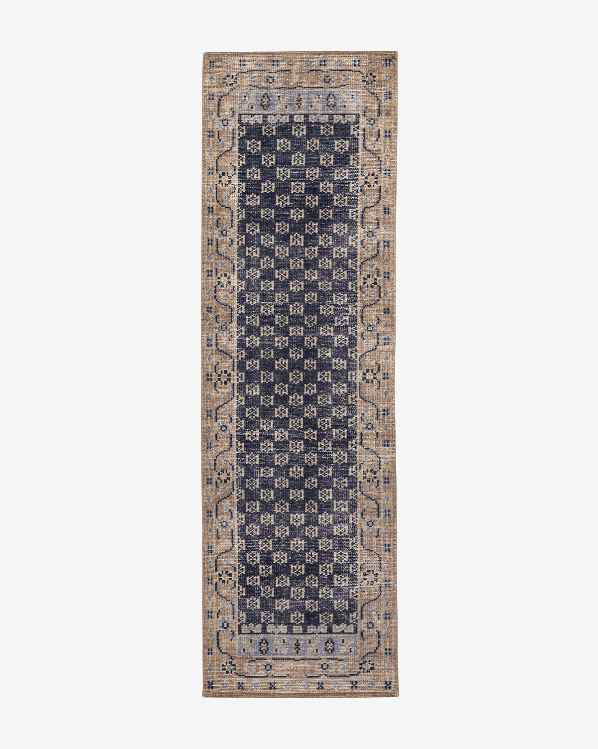 The Anya Indigo Hand-Knotted Wool Rug runner features a rectangular shape with an indigo, dark blue, and beige geometric center design and decorative border, ideal for transitional spaces, by McGee & Co.