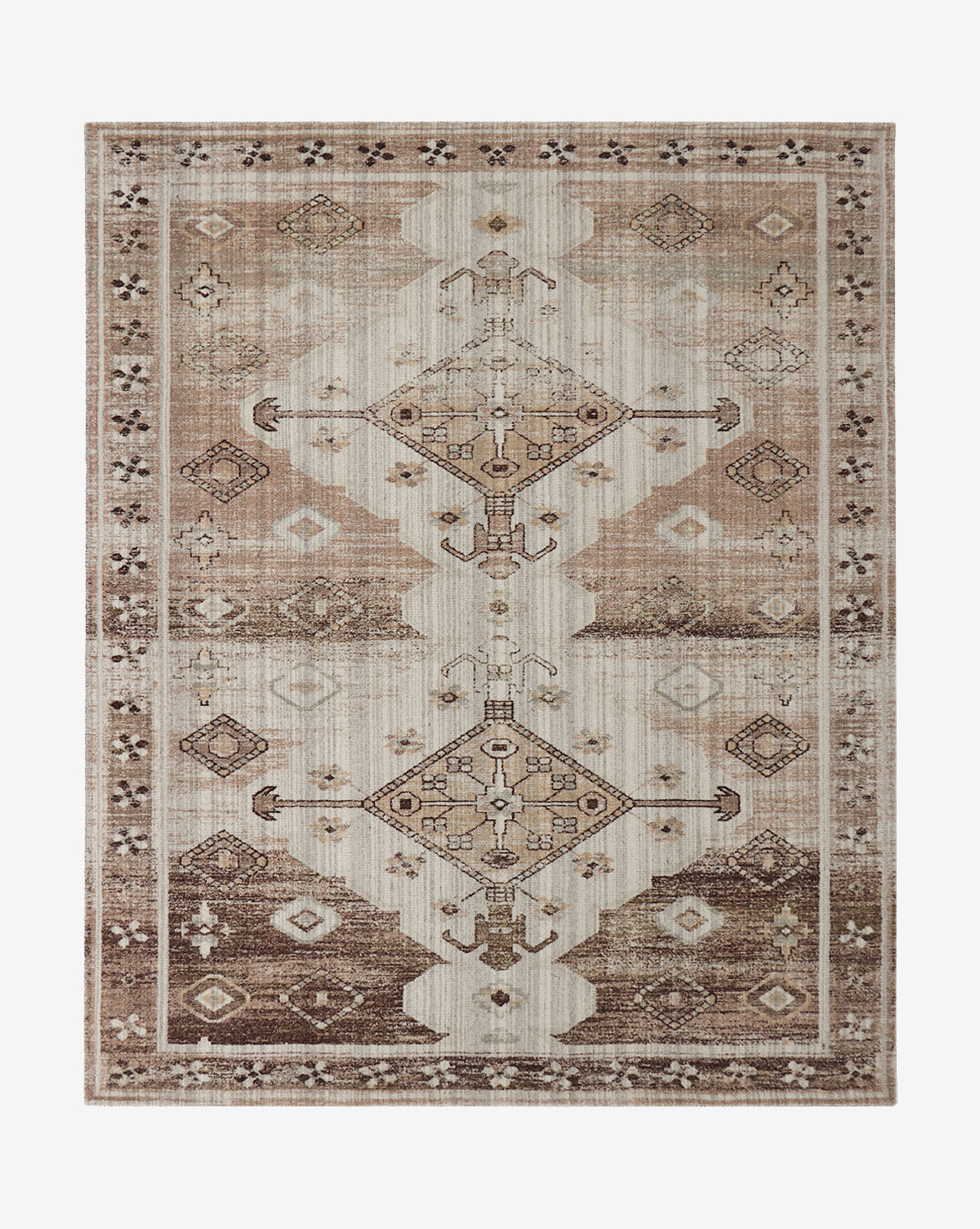 The Conway Handwoven Wool Rug is a rectangular piece featuring a geometric, Middle Eastern-inspired pattern in beige, brown, and taupe with a detailed symmetrical design and decorative border, by McGee & Co.