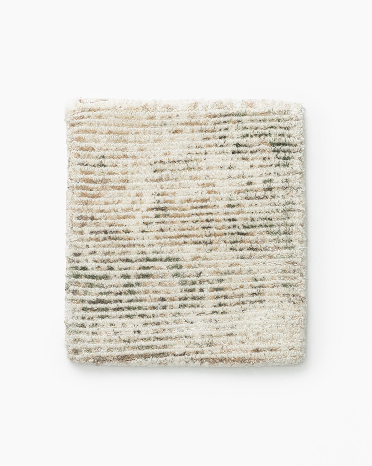 The Shayla Hand-Tufted Rug Swatch features a square, textured beige and off-white fabric with subtle horizontal lines and faint greenish accents, reminiscent of a vintage rug, displayed on a white background, by McGee & Co.