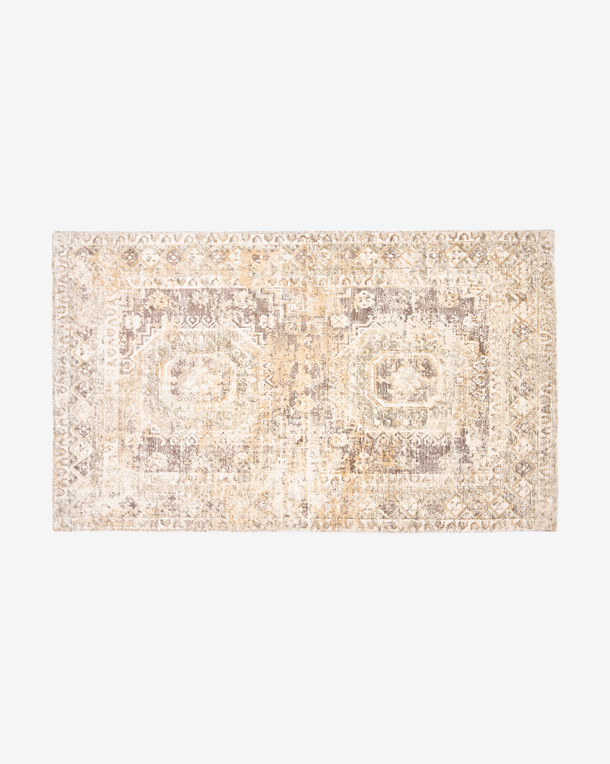 The Marcella Handwoven Rug features a rectangular wool blend with a vintage-inspired, faded geometric and floral pattern in beige, cream, and muted brown on a white background for timeless, distressed appeal, by McGee & Co.