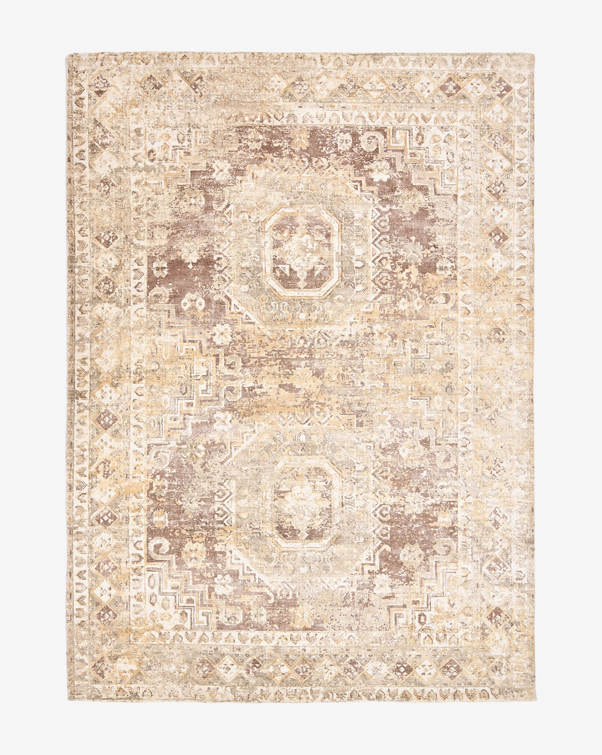 The Marcella Handwoven Rug features a traditional, vintage-inspired rectangular design in neutral beige, brown, and cream tones with symmetrical geometric and ornamental patterns, by McGee & Co.