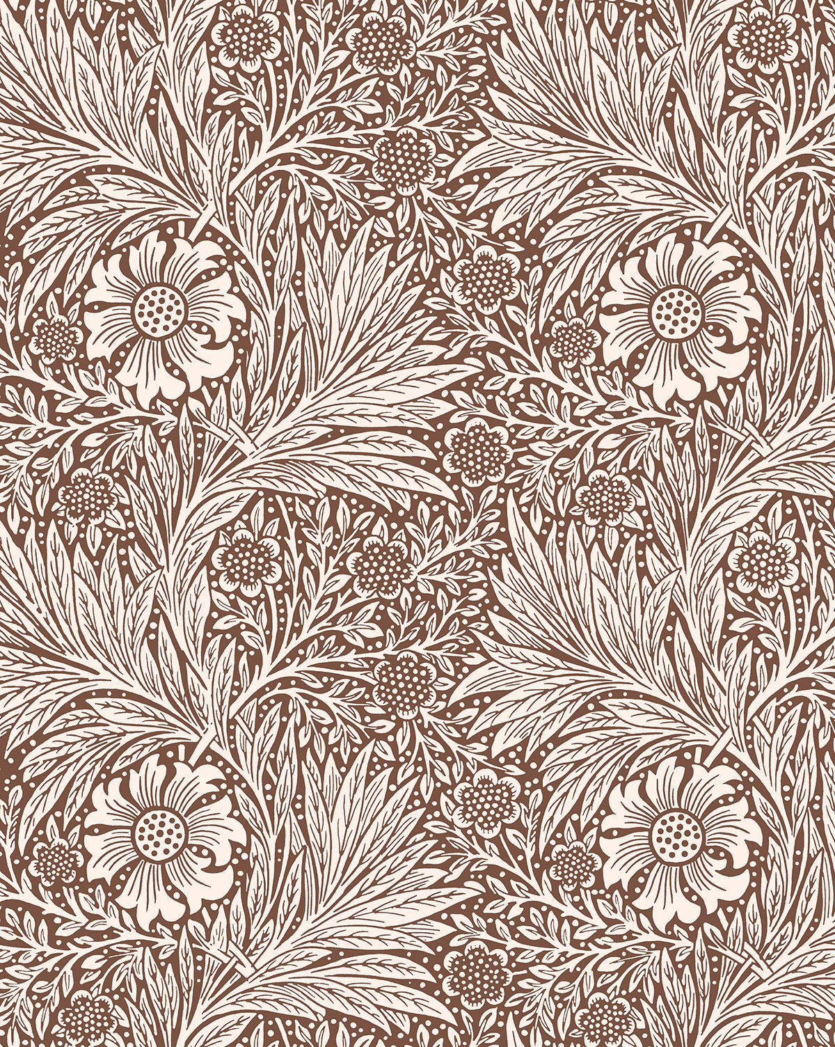 The Morris & Co. x McGee & Co. Marigold Umber Wallpaper by Sanderson Design Group, Inc. features white floral and leafy motifs on a brown background, echoing Morris & Co.s classic botanical designs with intricate stylized flowers and branches by McGee & Co.