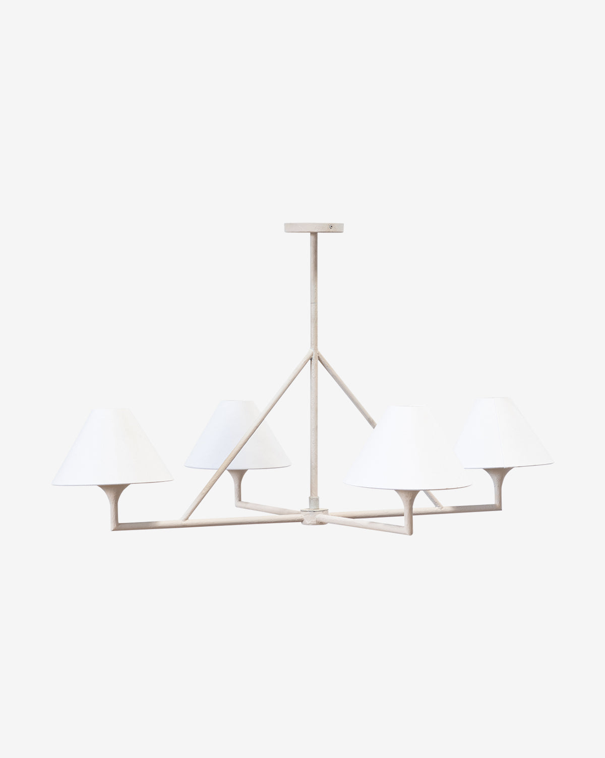 The Marilyn Chandelier by Makerspalm is a modern geometric light fixture with four white conical lampshades on a sleek metal frame, suspended from the ceiling against a plain white background. McGee & Co.