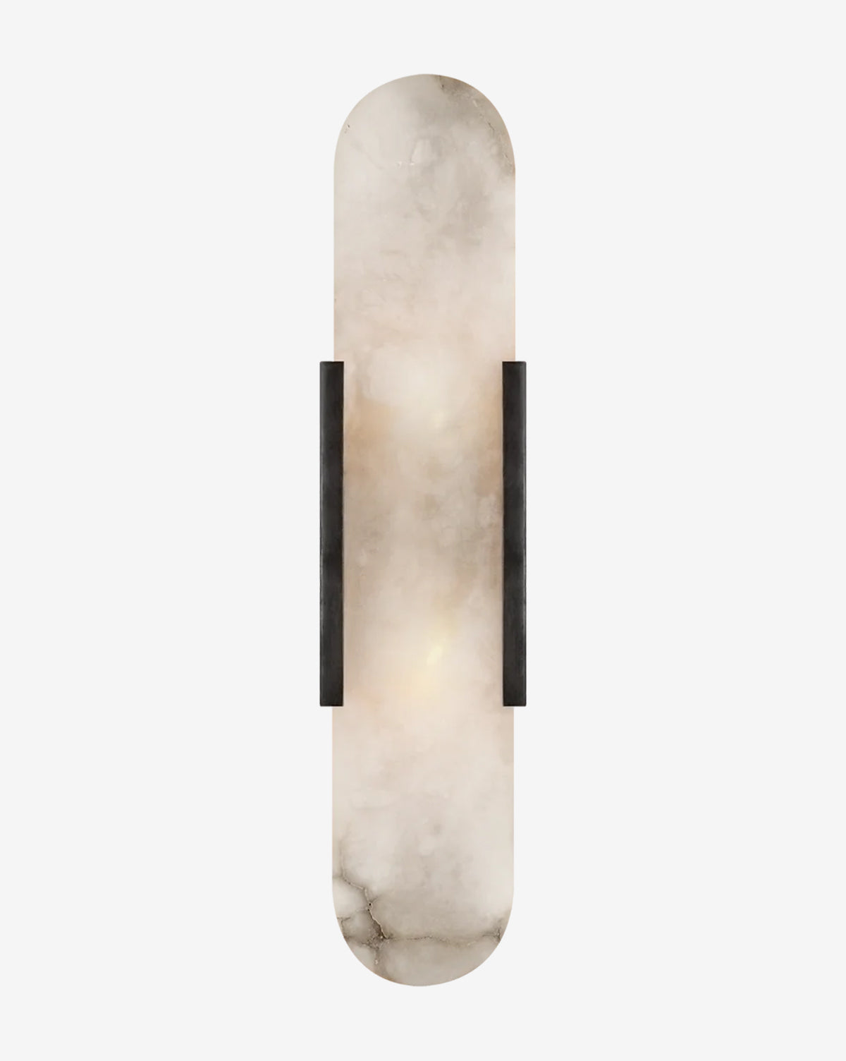 The Melange Elongated Sconce by Visual Comfort & Co. Signature features a modern, elongated rectangular shape with an alabaster shade and two black metal accents for a chic look. McGee & Co.