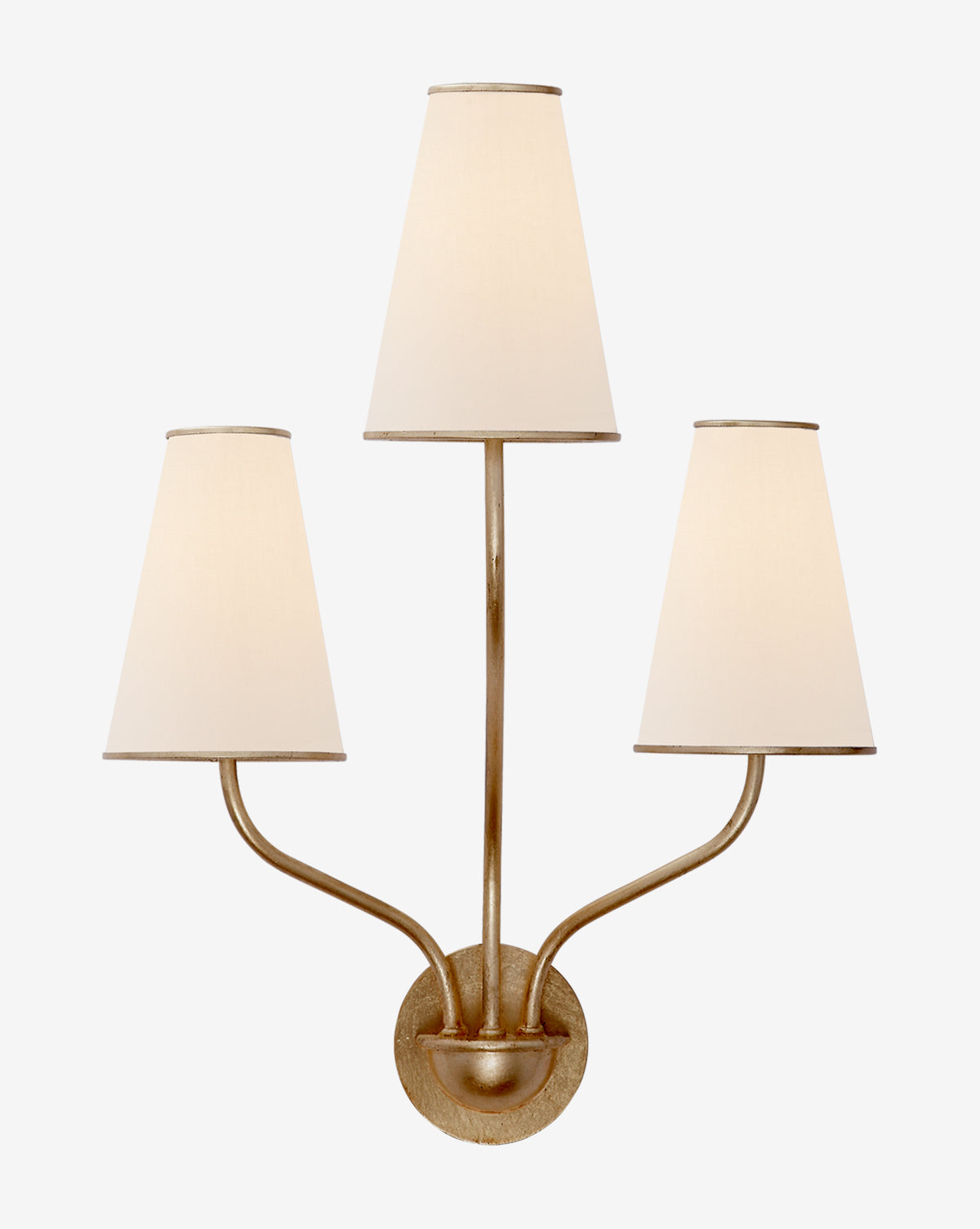 The Montreuil Wall Sconce by Visual Comfort & Co. Signature features a brass finish with three arms and white tapered shades in a fan shape, creating striking statement lighting against a plain white background—perfectly suited for spaces inspired by the signature aesthetic of McGee & Co.