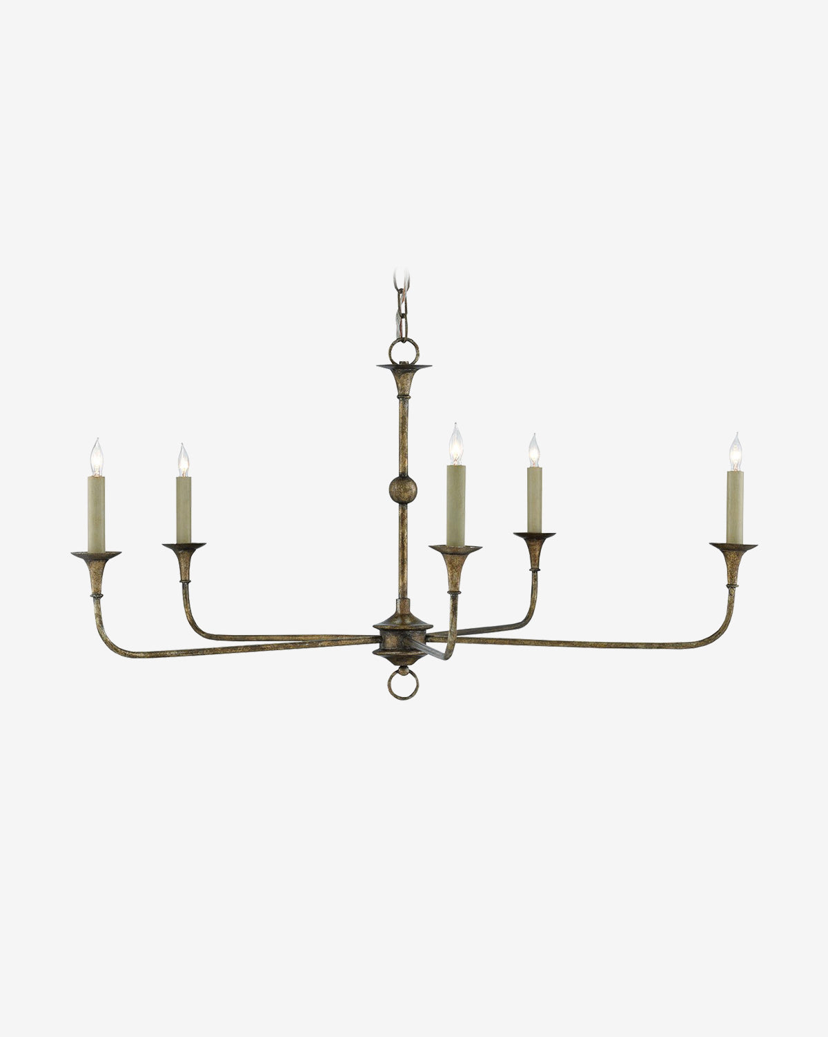 The Nottaway Chandelier by Currey & Co. showcases a vintage bronze finish and six candle-style bulbs in a horizontal layout, suspended by rod and chain—a timeless, elegant design with traditional appeal. McGee & Co.