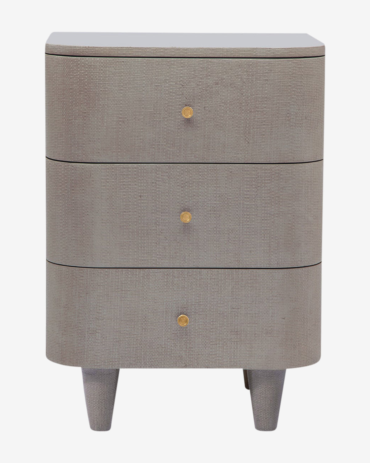 The Olinda Nightstand is a modern bedroom piece featuring three drawers with brass pulls, rounded edges, a textured gray faux raffia finish, and four short legs, by McGee & Co.