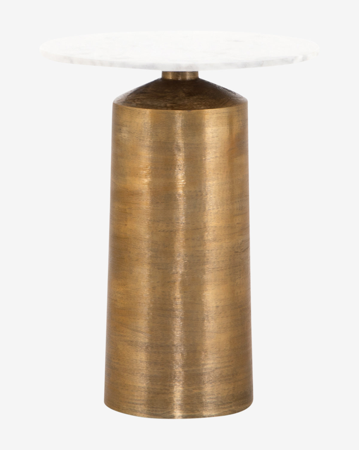 The Pia Side Table features a cylindrical aluminum base and a round white marble top, bringing modern elegance to any space.