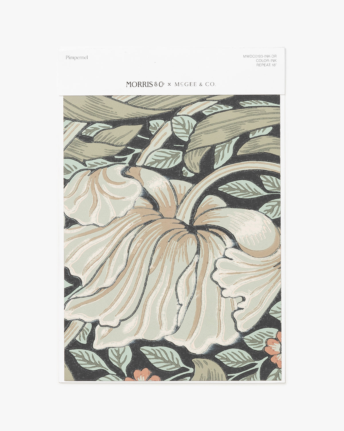 Certainly! Here’s your sentence with the exact string McGee & Co. blended into the end: The Morris & Co. x McGee & Co. Pimpernel Ink Wallpaper Swatch features large cream flowers, green leaves, and small orange blossoms on a muted background—a sample from the Shea McGee collaboration by McGee & Co., available exclusively at McGee & Co.