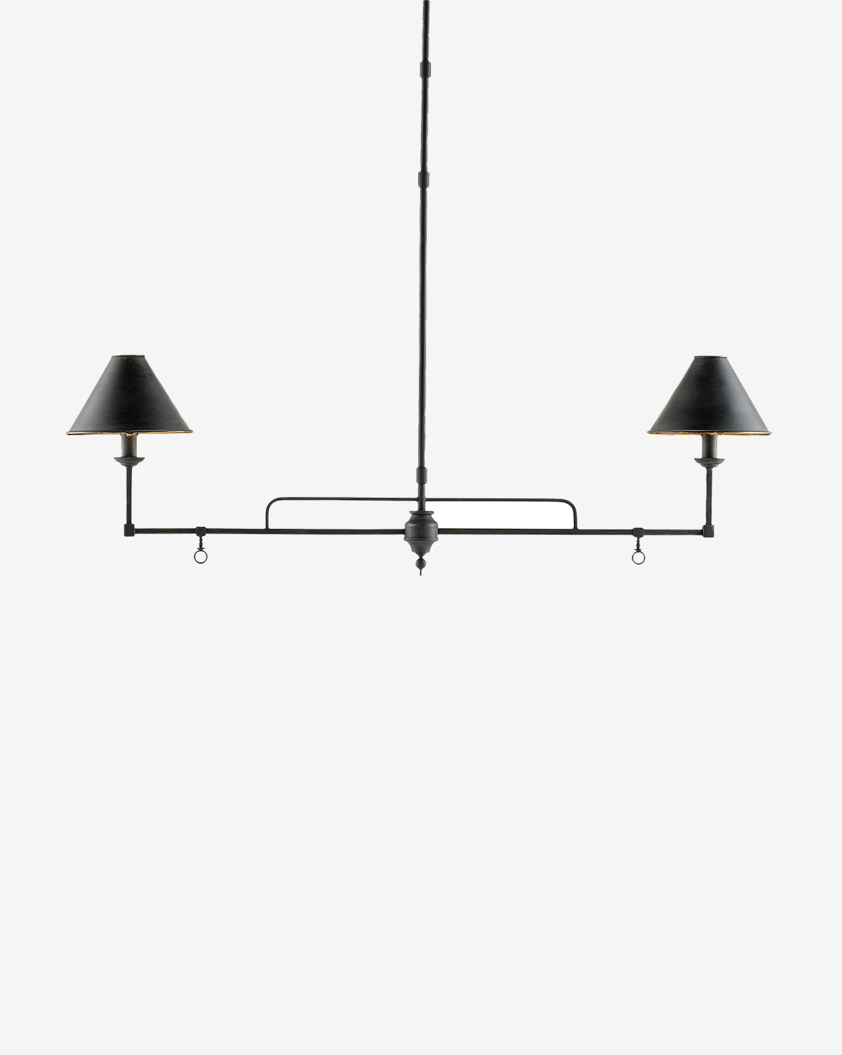 The Prosperity Rectangular Chandelier by Currey & Co. is a black metal pendant light with two conical shades hanging from a central rod, inspired by rustic chandeliers and oil lamps, shown against a plain white background. McGee & Co.