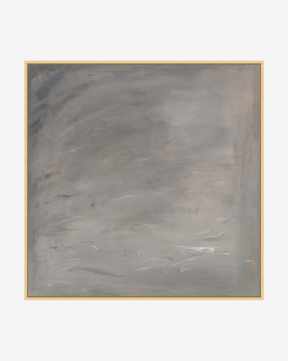 Quiet is an abstract painting featuring soft tonal grays and delicate white highlights for a misty, textured effect. Framed in a slim light wood, its the perfect addition to any gallery wall.