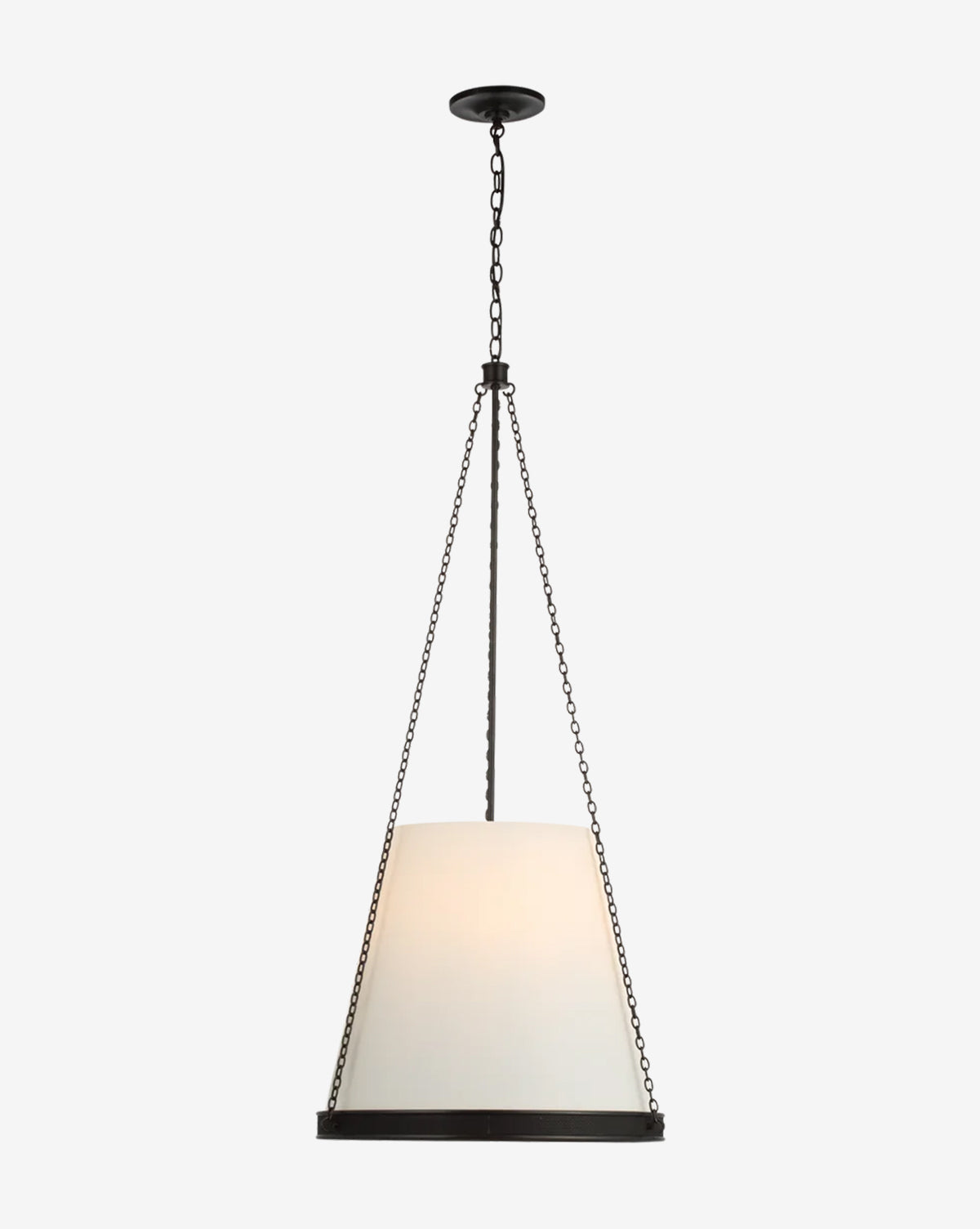 The Reese Pendant features a white conical shade and hangs from three black metal chains attached to a circular ceiling mount, by McGee & Co.