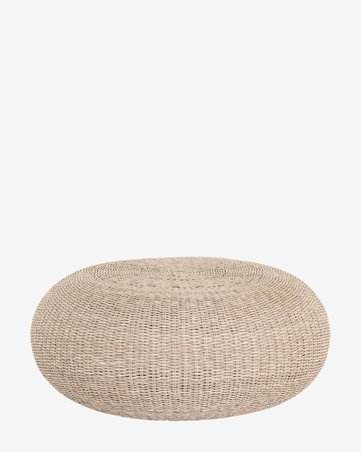 The Rimma Outdoor Coffee Table, a round beige piece with a textured surface, is crafted from all-weather wicker and displayed against a plain white background by McGee & Co.