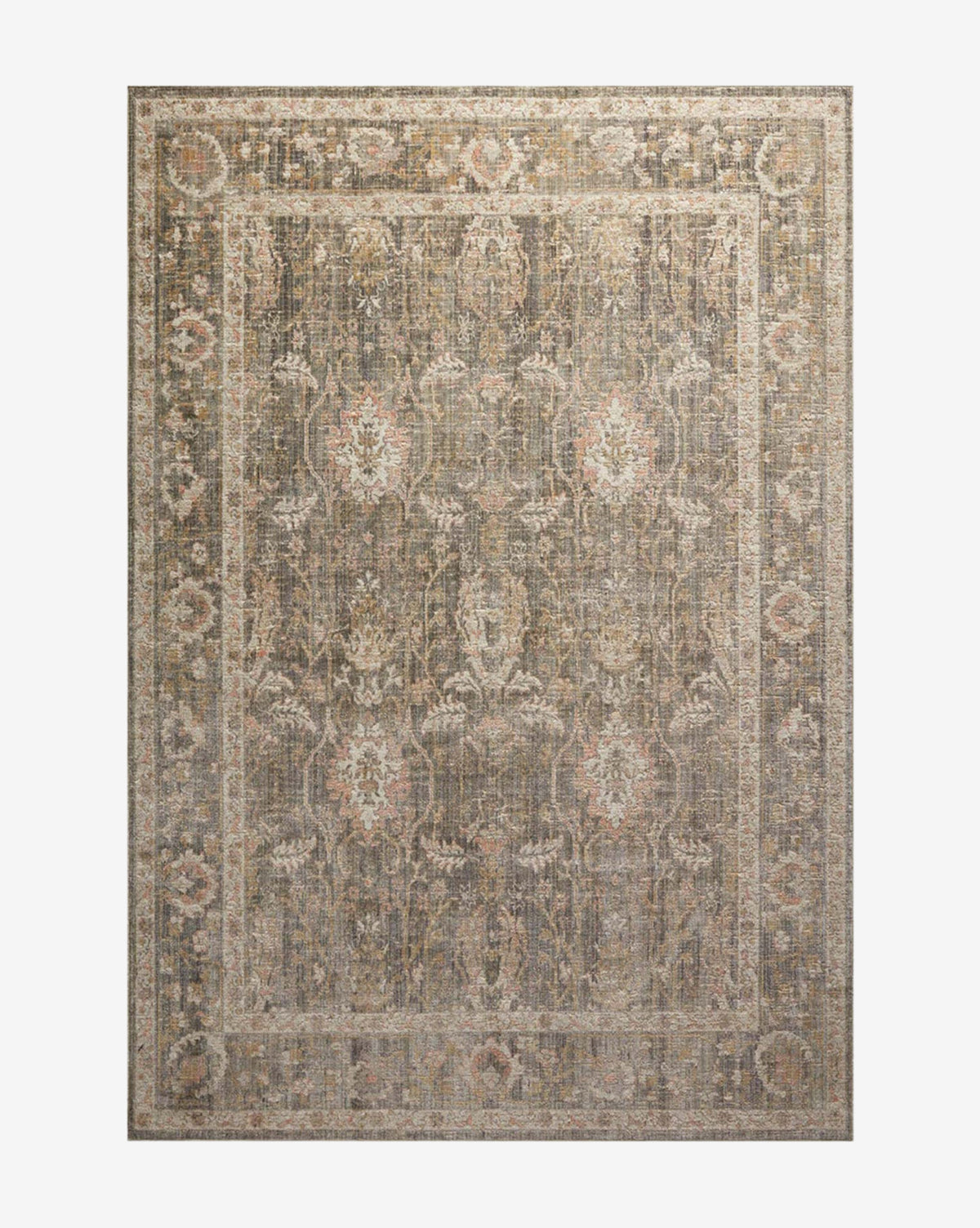 The Rosemarie Collection No. 1 Sage is a rectangular low pile rug featuring a muted, vintage-inspired floral and geometric pattern in beige, brown, and gray with a decorative border, by McGee & Co.