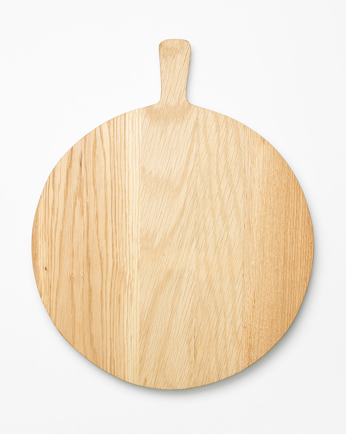 The Round Oak Bread Board with handle is displayed on a white background, by McGee & Co.