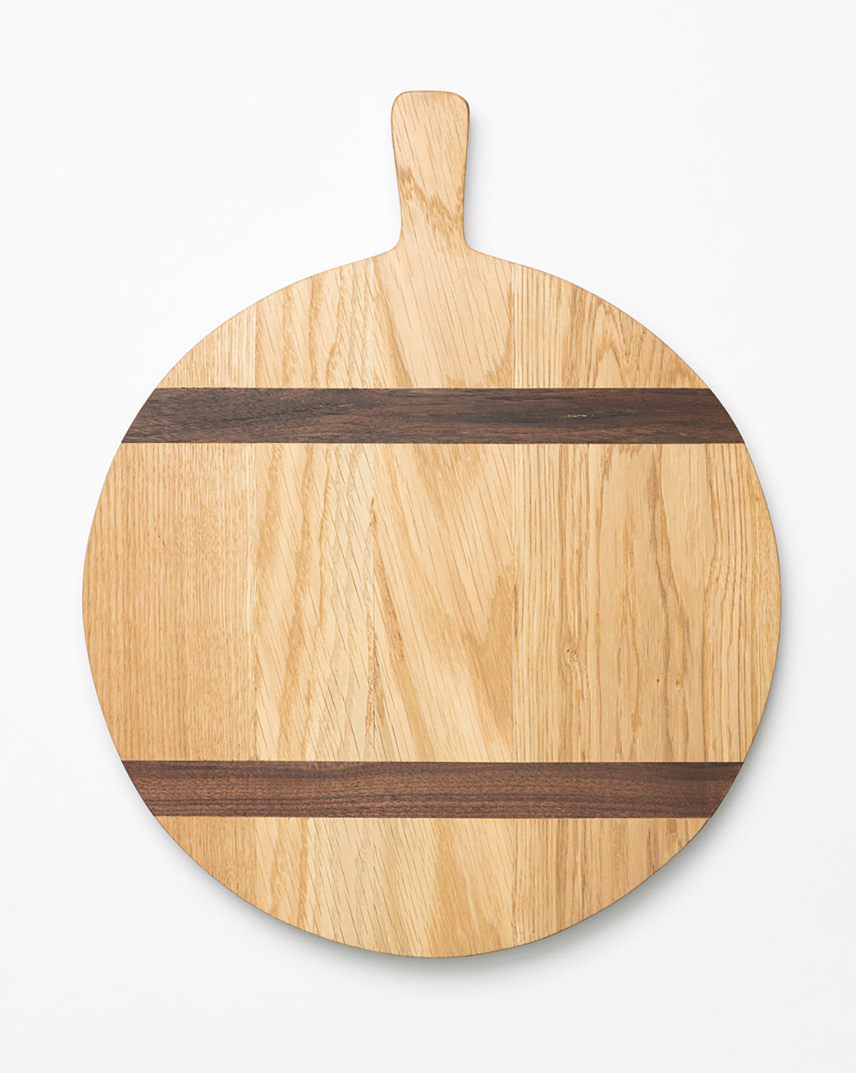 The Round Oak Bread Board features a handle and two dark horizontal wood stripes across its surface, displayed against a white background, by McGee & Co.