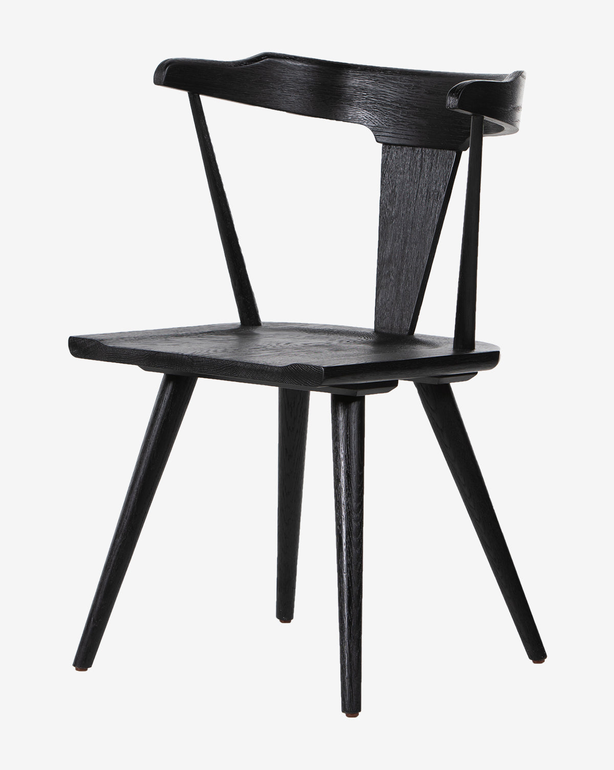 The Ruthie Dining Chair is a modern black wooden chair featuring a curved backrest, angled legs, and minimalist design inspired by the classic Windsor style, shown against a white background.