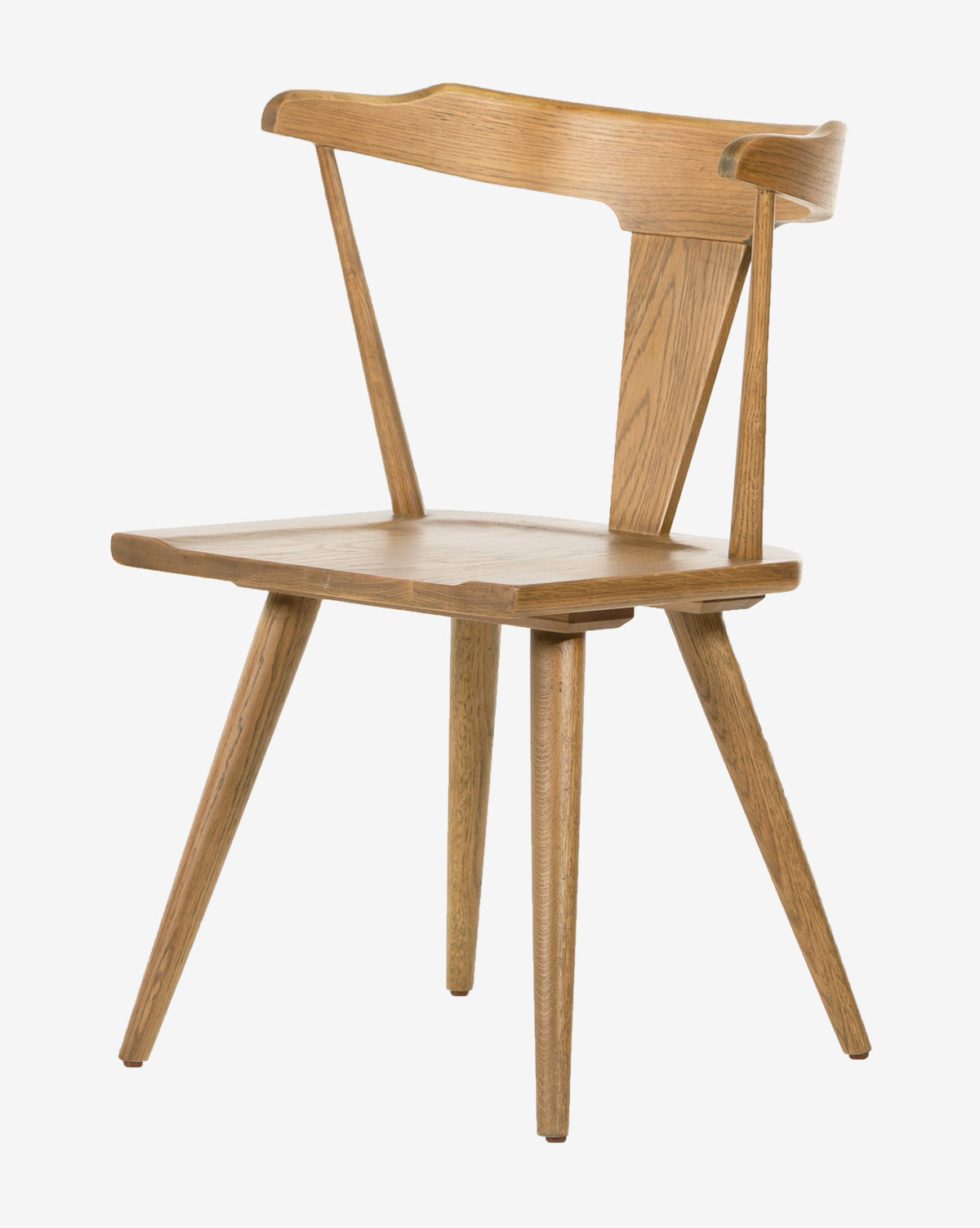 The Ruthie Dining Chair features a wooden, mid-century design with minimalist style, angled legs, a flat seat, and a slightly curved backrest accented by a unique Y-shaped support.