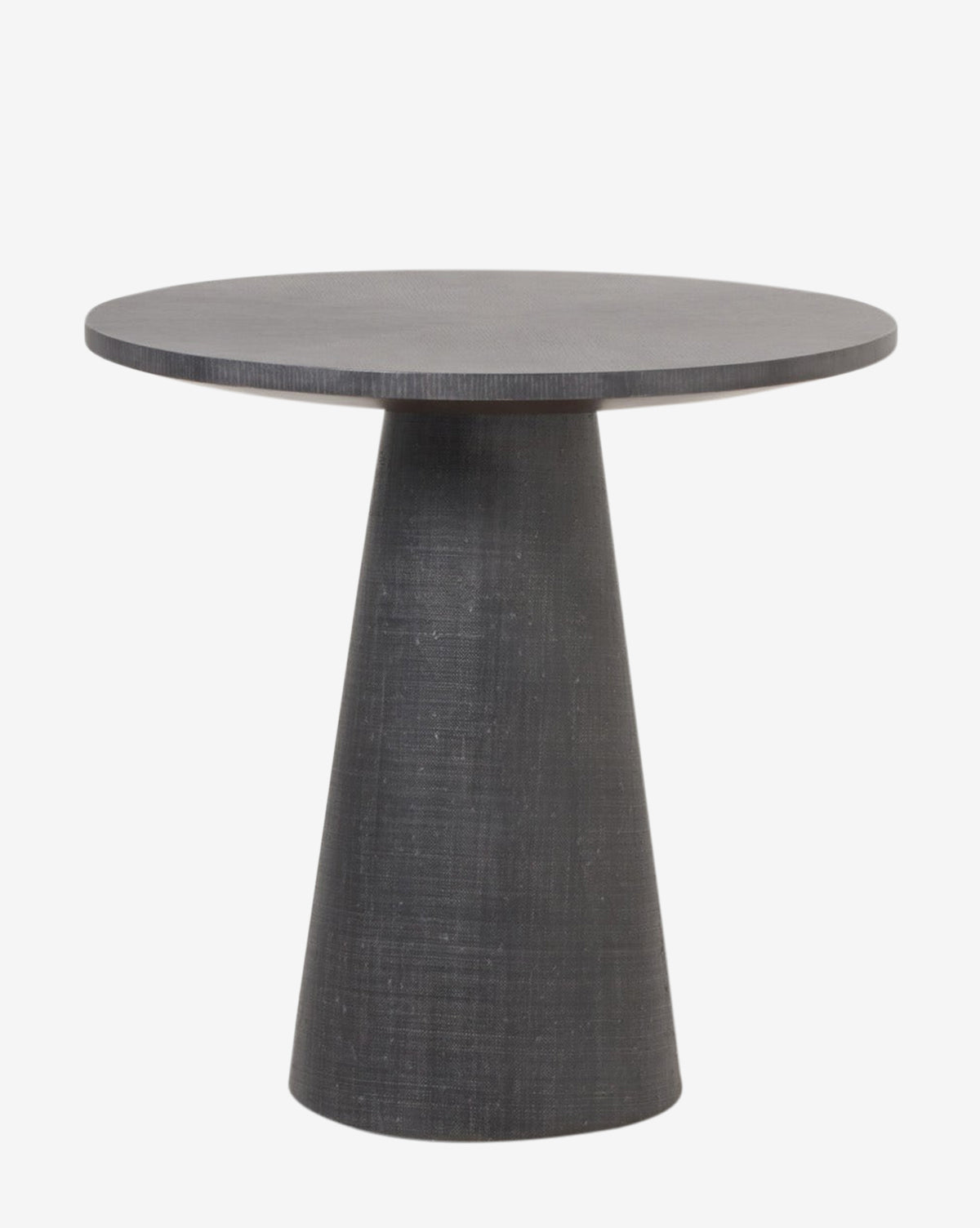 The Sanderson Side Table features a round, dark gray pedestal design with a smooth oak veneer tabletop and a wide conical base, shown against a plain white background by McGee & Co.