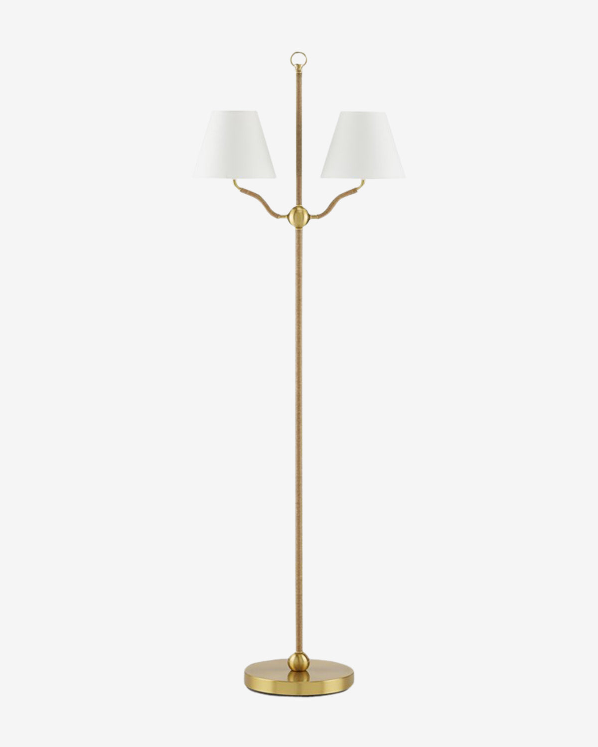 The Currey & Co. Sirocco Floor Lamp has a brass-finished base and two white shades branching symmetrically from a central pole, displayed against a plain white background. McGee & Co.