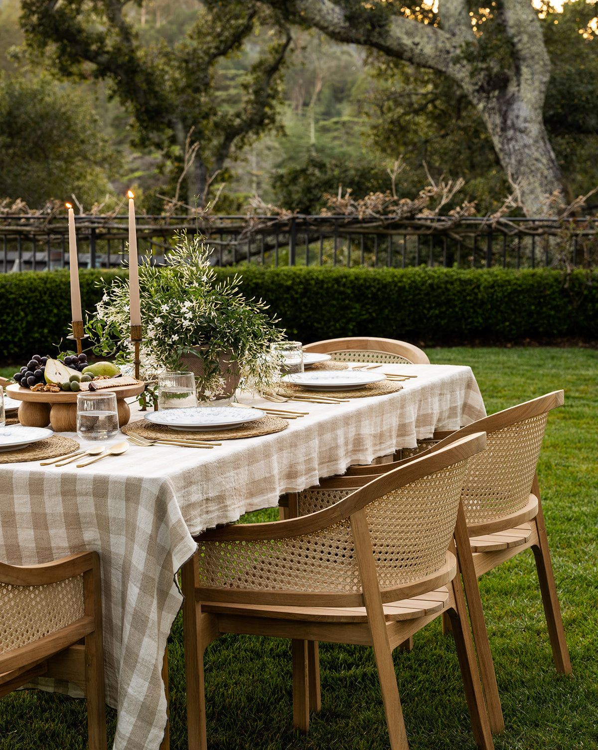 An outdoor dining table with a beige checkered tablecloth is set with plates, glasses, and candles. Elowyn Outdoor Dining Chairs surround the table amid greenery and food, with a garden and trees in the background, by McGee & Co.