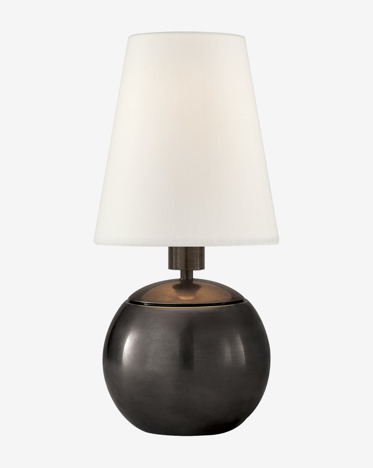 The Tiny Terri Accent Lamp has a round dark metallic base and a white cone-shaped fabric shade, shown on a plain white background by McGee & Co.