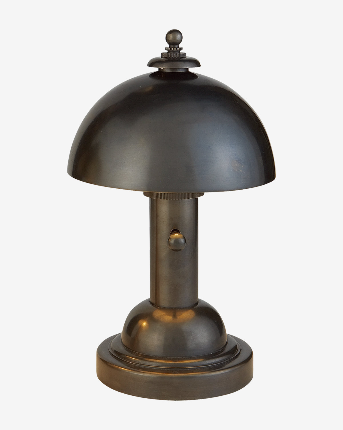 The Totie Task Lamp features a vintage design with a dome shade, cylindrical base, round switch, and dark brushed finish—an ideal modern addition to any stylish workspace, by McGee & Co.