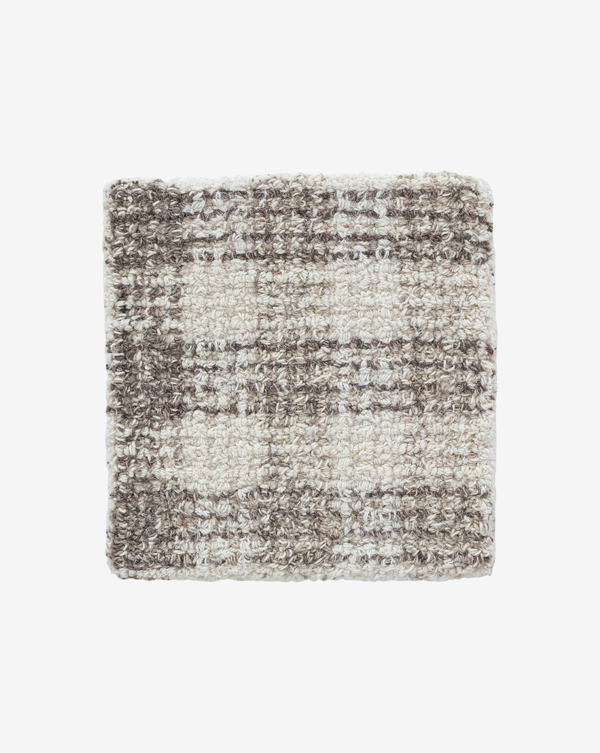 The Walter Hand-Tufted Wool Rug Swatch features a square, textured plaid pattern in beige, brown, and cream on a white base, evoking the premium natural wool aesthetic of hand-tufted rugs, by McGee & Co.