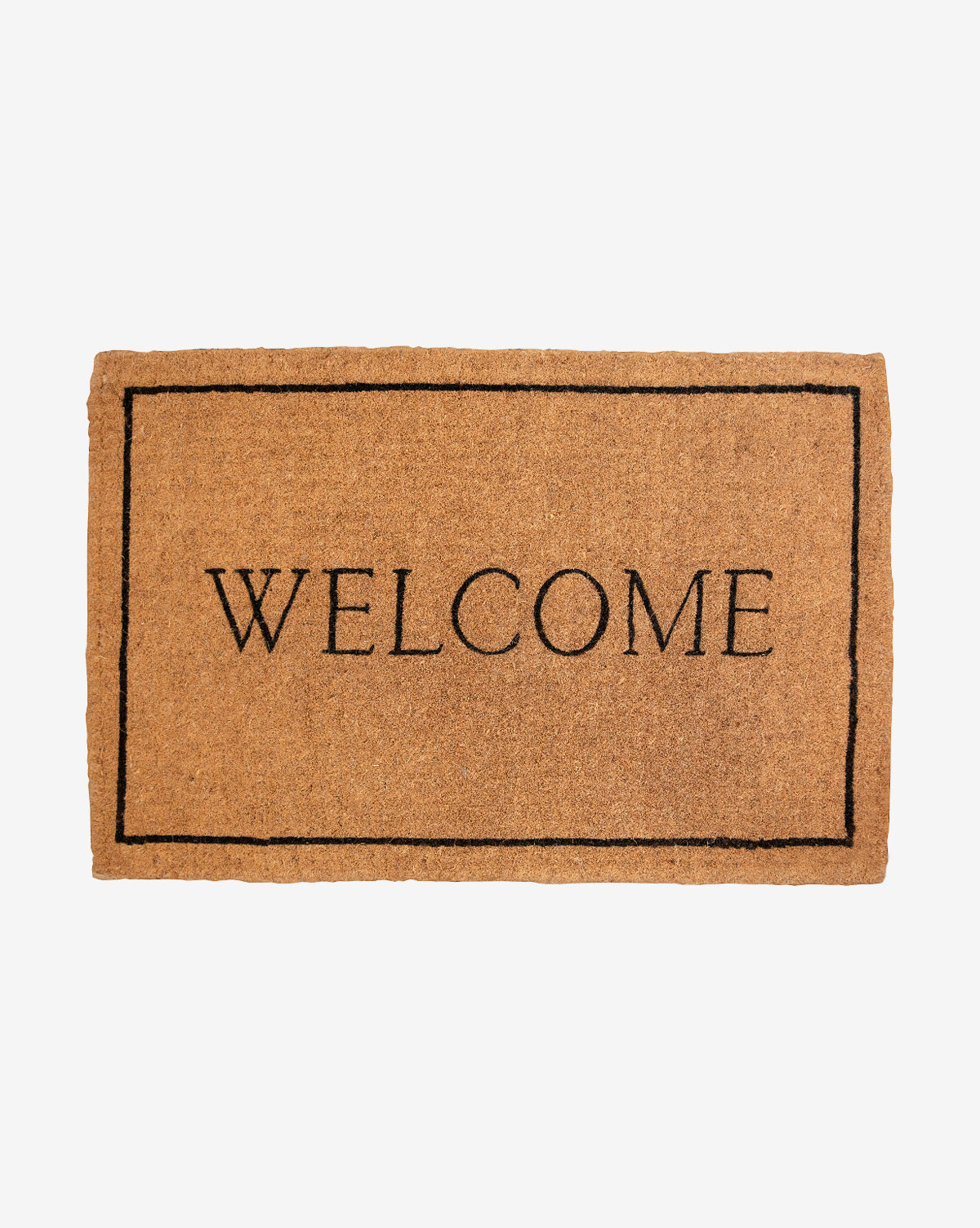 The Palm Fiber Welcome Doormat is a rectangular brown mat with WELCOME in black, centered and framed by a thin black line. Ideal for your front door and pairs perfectly with other outdoor rugs. Background is plain white. McGee & Co.