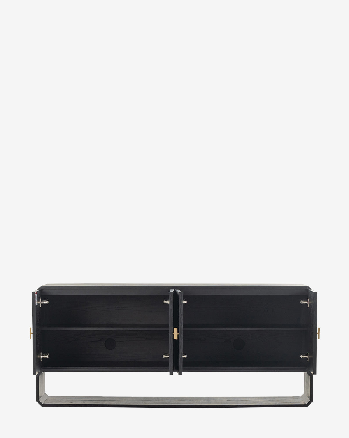 The Ziggy Sideboard is a modern black ash veneer TV stand featuring two open cabinet doors, interior shelves, circular cable management holes at the back, a rectangular frame, and gold handles, by McGee & Co.