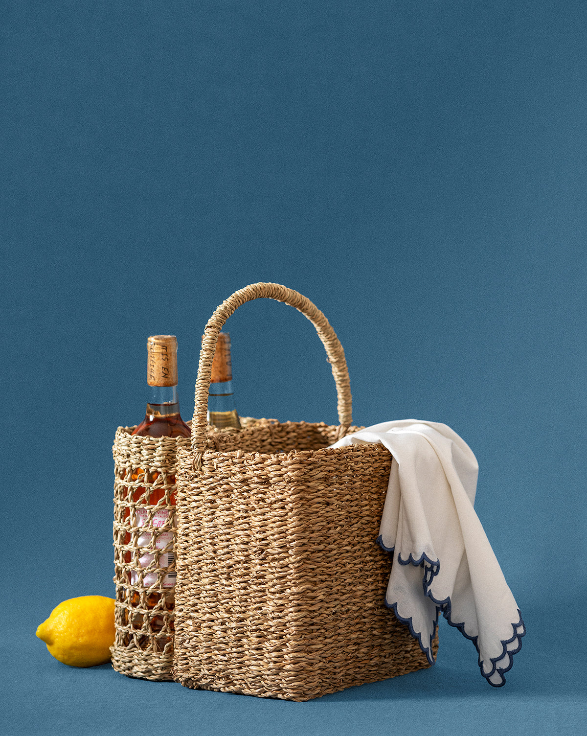 Hand-Woven Seagrass Basket with Handle & Bottle Holder