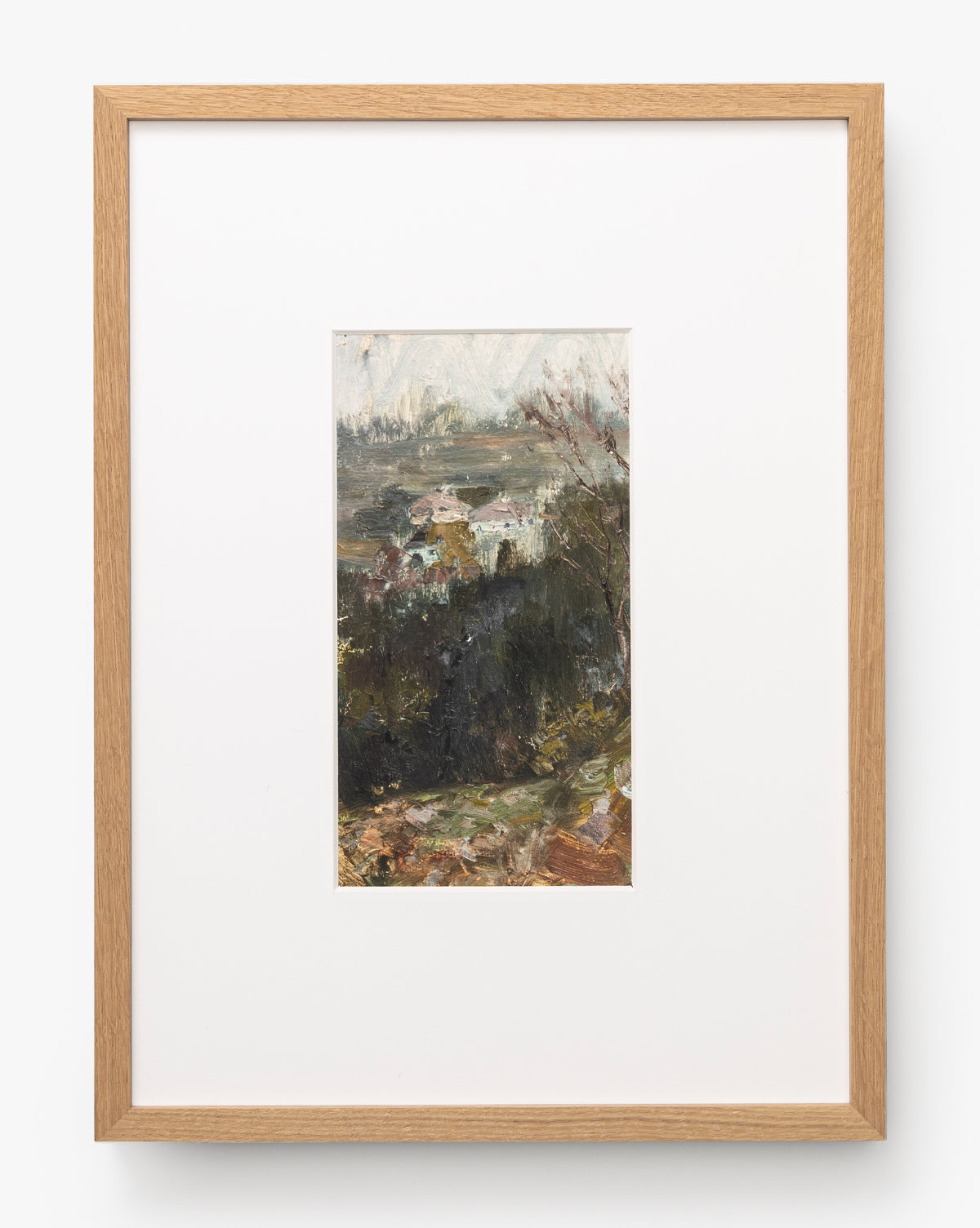 A River Runs Through is a framed abstract landscape painting featuring trees and buildings in earthy tones, displayed as wall art with a light wooden frame and a wide white mat, by McGee & Co.