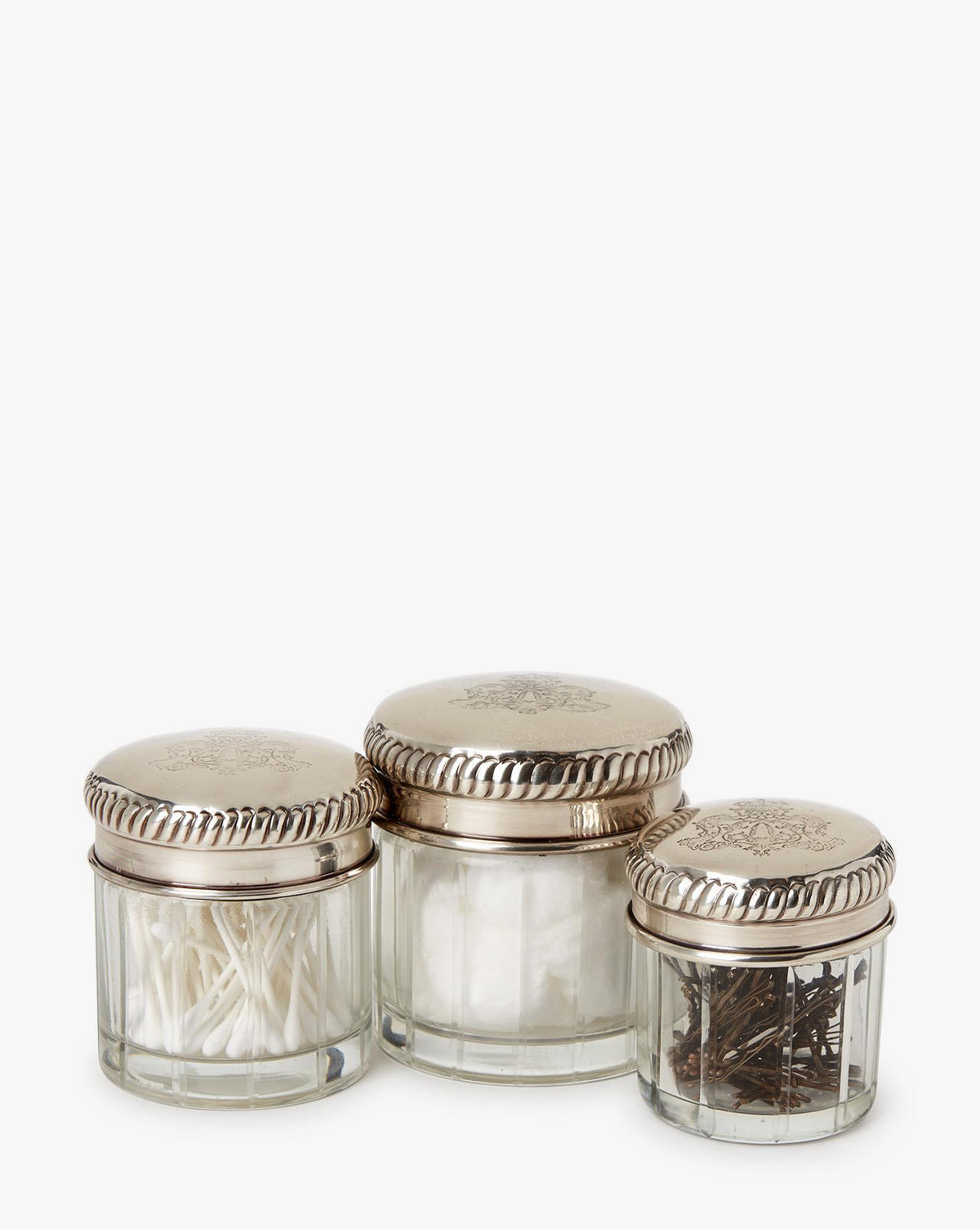 Antique Silver Plated Brass Lidded Glass Jars (Set of 3)
