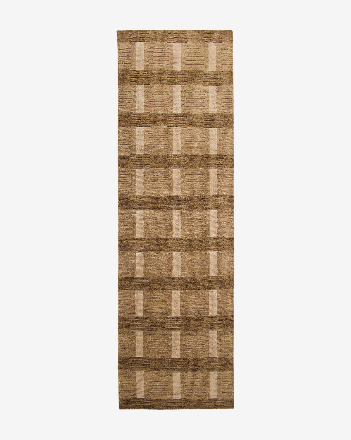 The Brenner Hand-Knotted Wool Rug features a rectangular shape and a grid pattern in brown and beige, with alternating squares and rectangles. Shown on a white background, it’s an ideal neutral area rug for any space by McGee & Co.