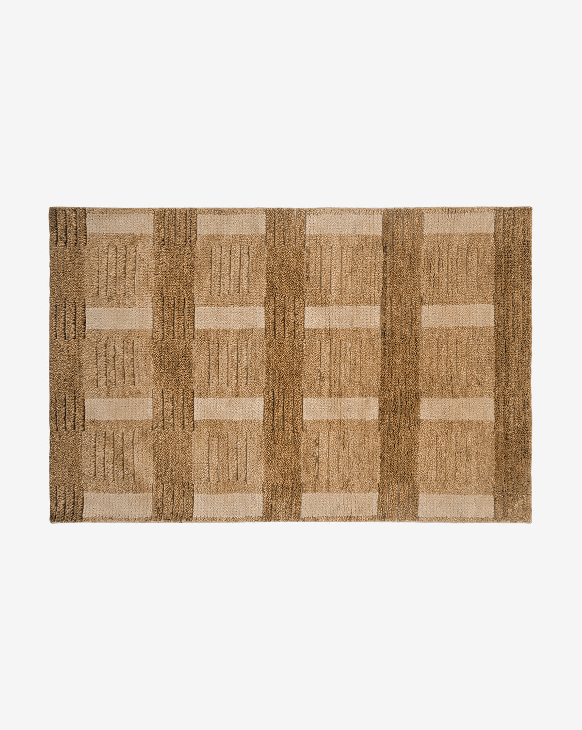 The Brenner Hand-Knotted Wool Rug features a rectangular checker pattern in shades of brown and beige, with rows of rectangles—an ideal neutral area rug for any space, by McGee & Co.