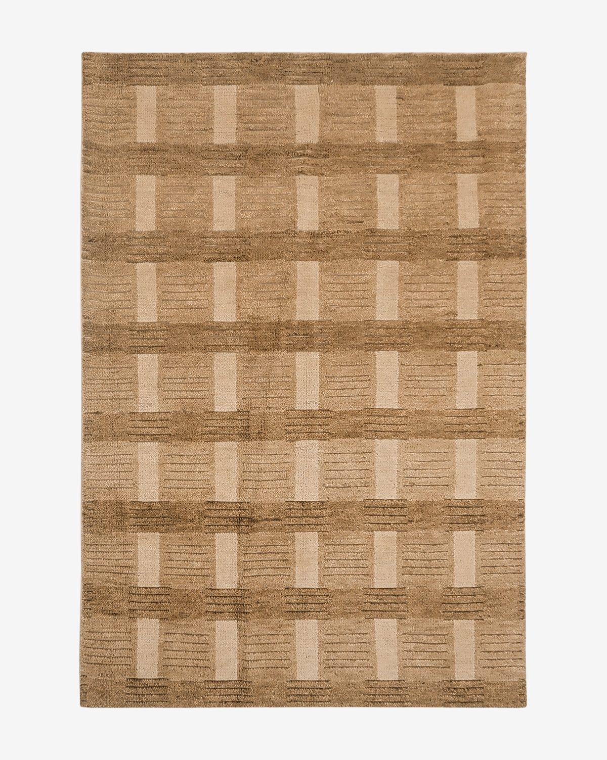 The Brenner Hand-Knotted Wool Rug features a geometric pattern of overlapping rectangles in brown and beige tones, creating a subtle, textured checkerboard look, by McGee & Co.