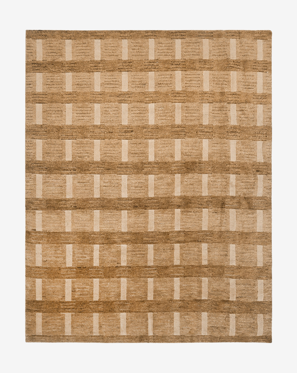 The Brenner Hand-Knotted Wool Rug is a square neutral area rug with a geometric grid pattern in brown and beige, showcasing evenly spaced light rectangles on a darker, textured background by McGee & Co.