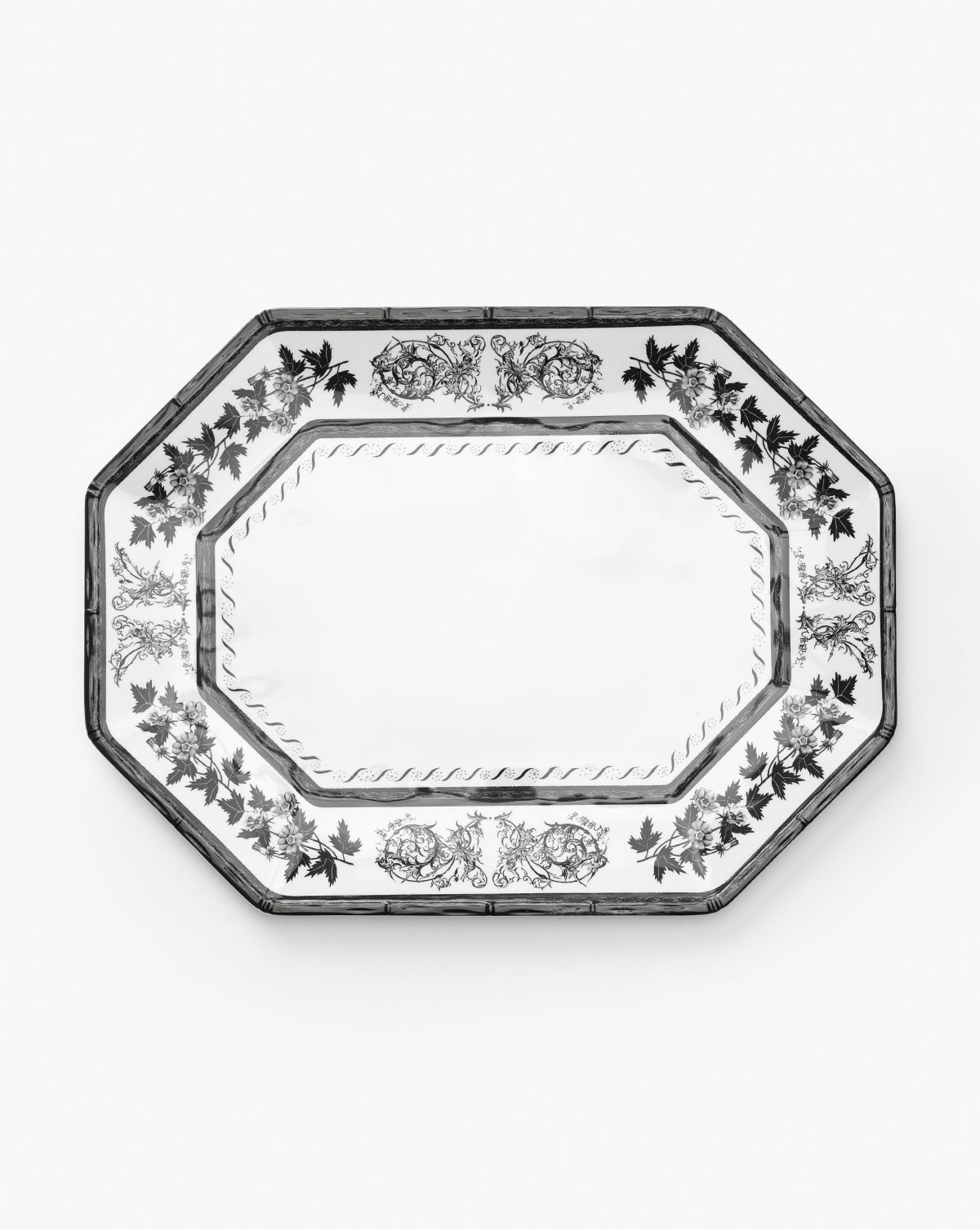 The Calanthe Melamine Serving Platter features a shatter-resistant, rectangular octagon design with an elegant black floral border on a crisp white background, by McGee & Co.