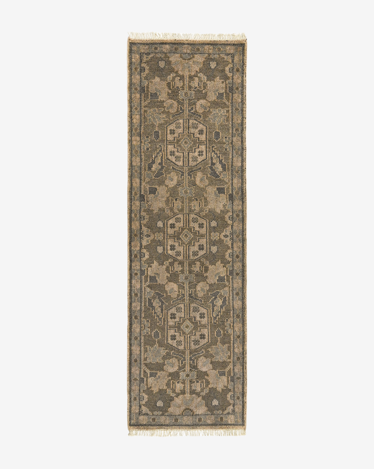 The Chevalier Hand-Knotted Wool Rug features a rectangular shape, traditional floral and geometric patterns in muted brown, beige, and olive green tones, and fringed edges on the shorter sides for timeless elegance, by McGee & Co.