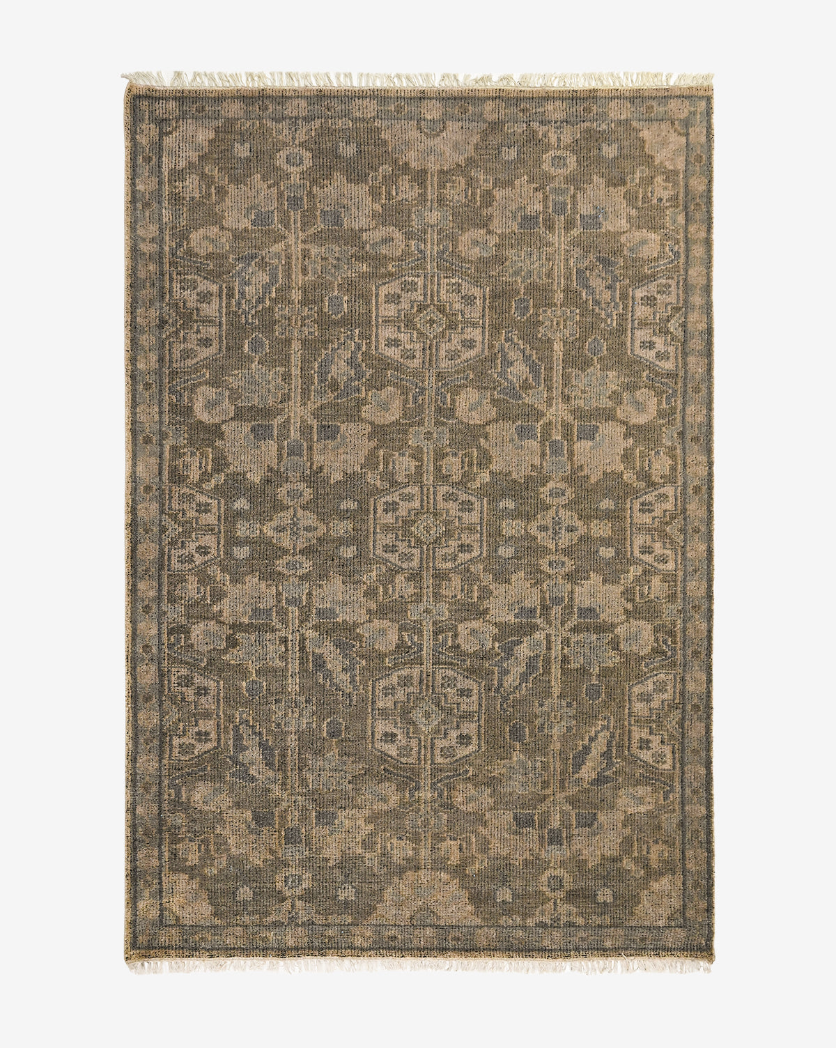 The Chevalier Hand-Knotted Wool Rug showcases intricate geometric and floral patterns in a muted, earthy palette, with fringe on the short sides and a decorative border framing its timeless central design, by McGee & Co.