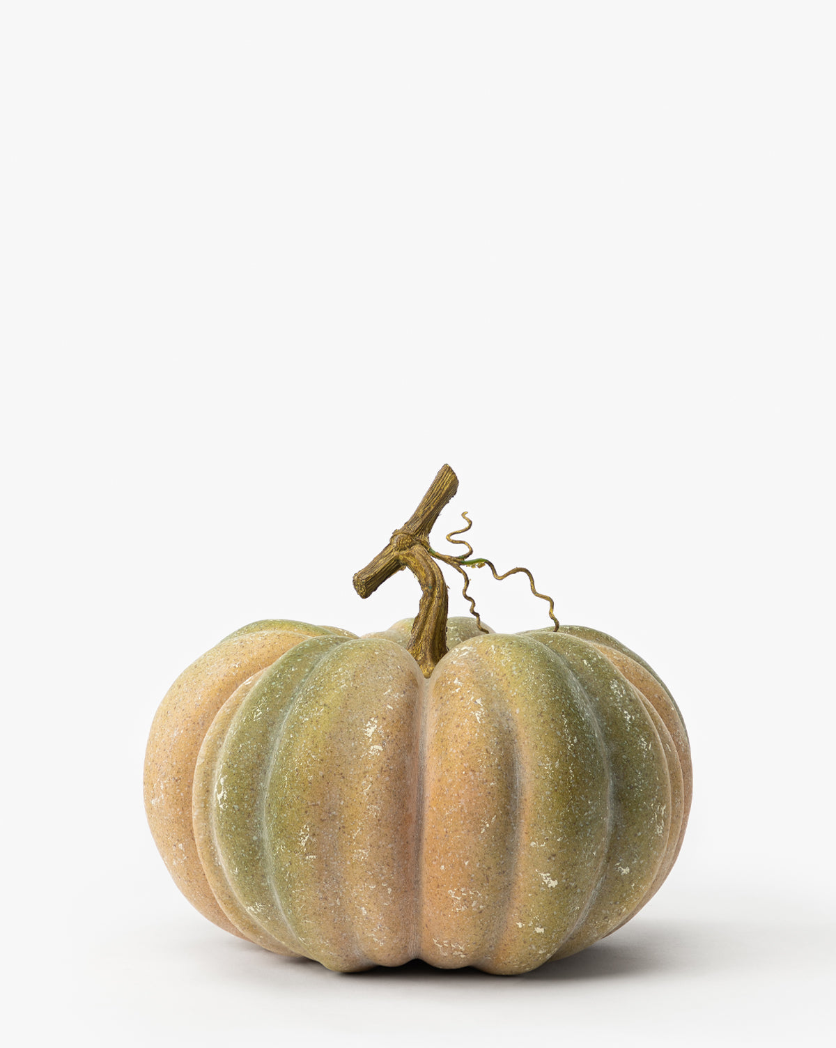 The Earthy Yellow Faux Pumpkin features a single round, ribbed design in faded orange and green with a short twisted stem and curly tendril—perfect harvest decor for your fall display, by McGee & Co. Shown on a white background.
