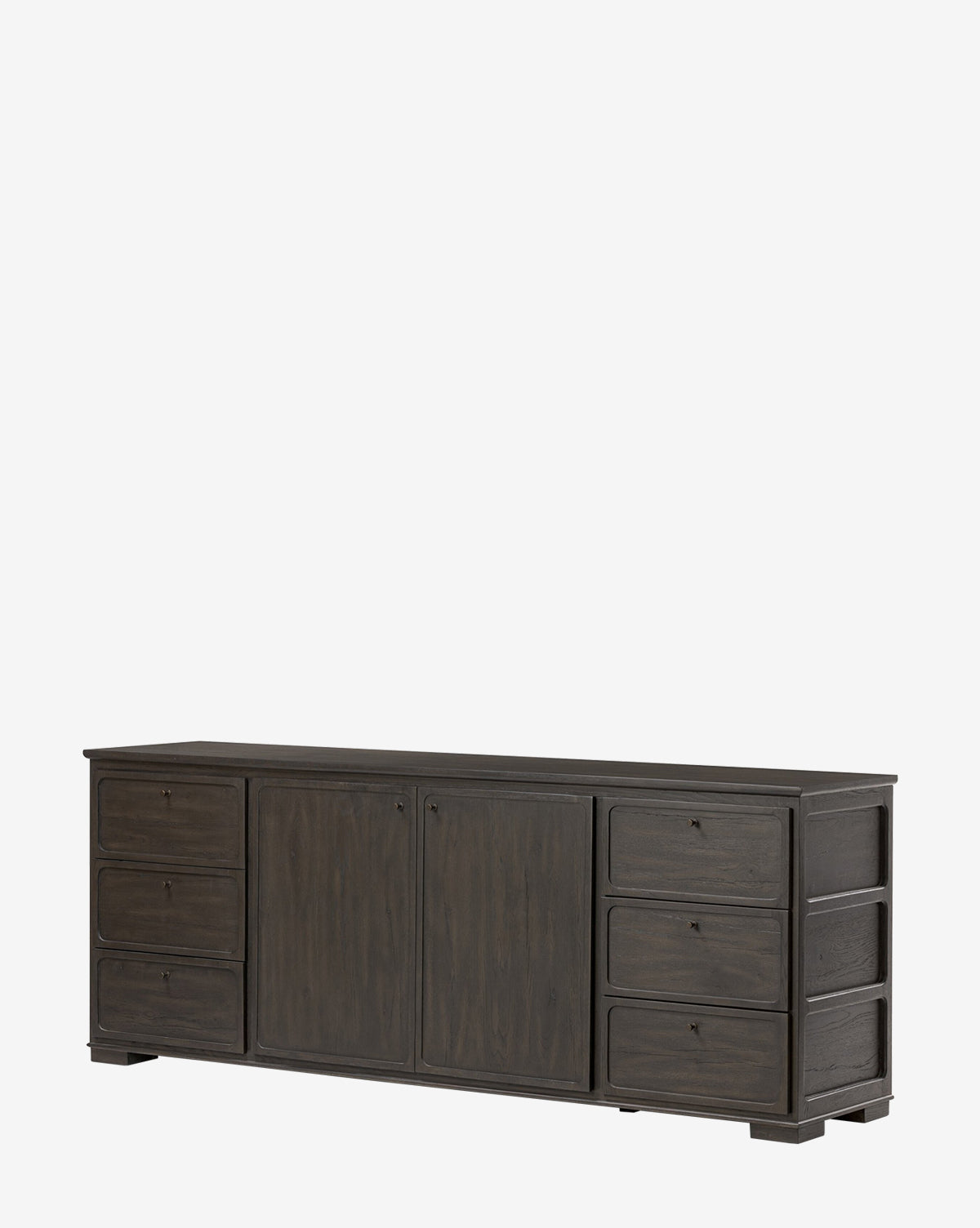 The Eldoria Oak Sideboard is a black oak piece with two central cabinet doors and six drawers featuring round knobs. Its rectangular form and clean, minimalist design make it an ideal choice for modern decor, by McGee & Co.