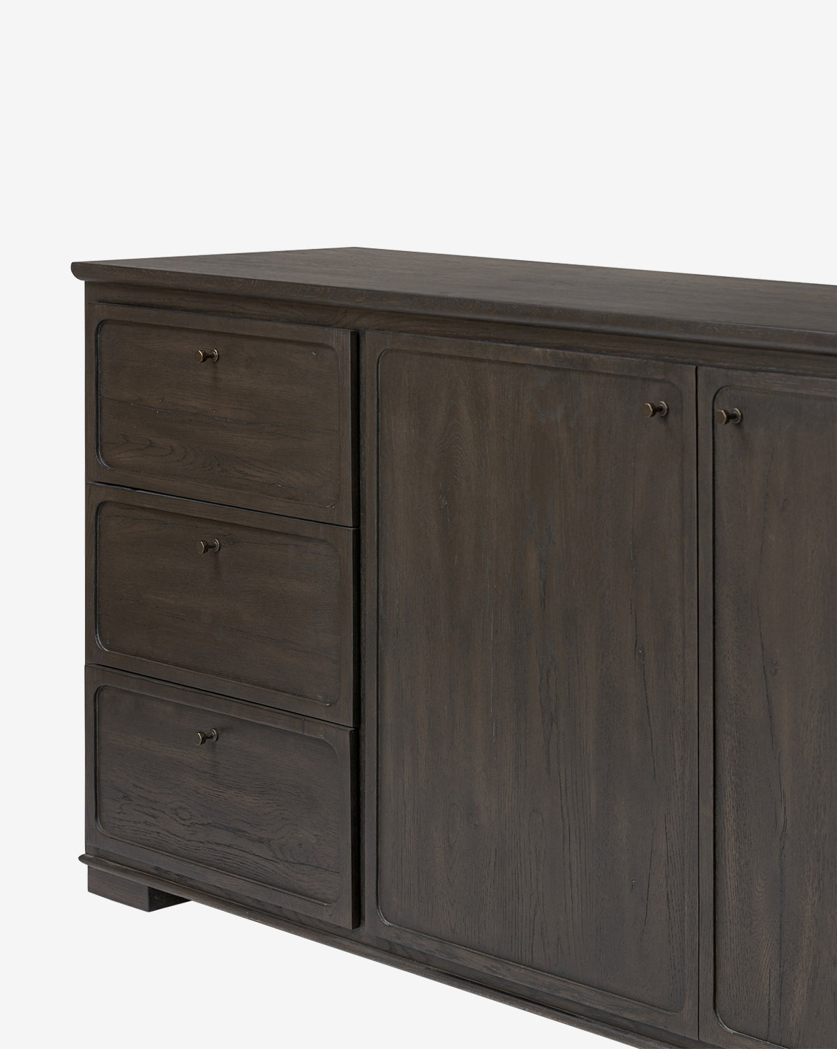 The Eldoria Oak Sideboard features a dark wood finish with three left-side drawers and two right cabinet doors, each with round metal knobs—an elegant modern deco piece displayed against a white background, by McGee & Co.
