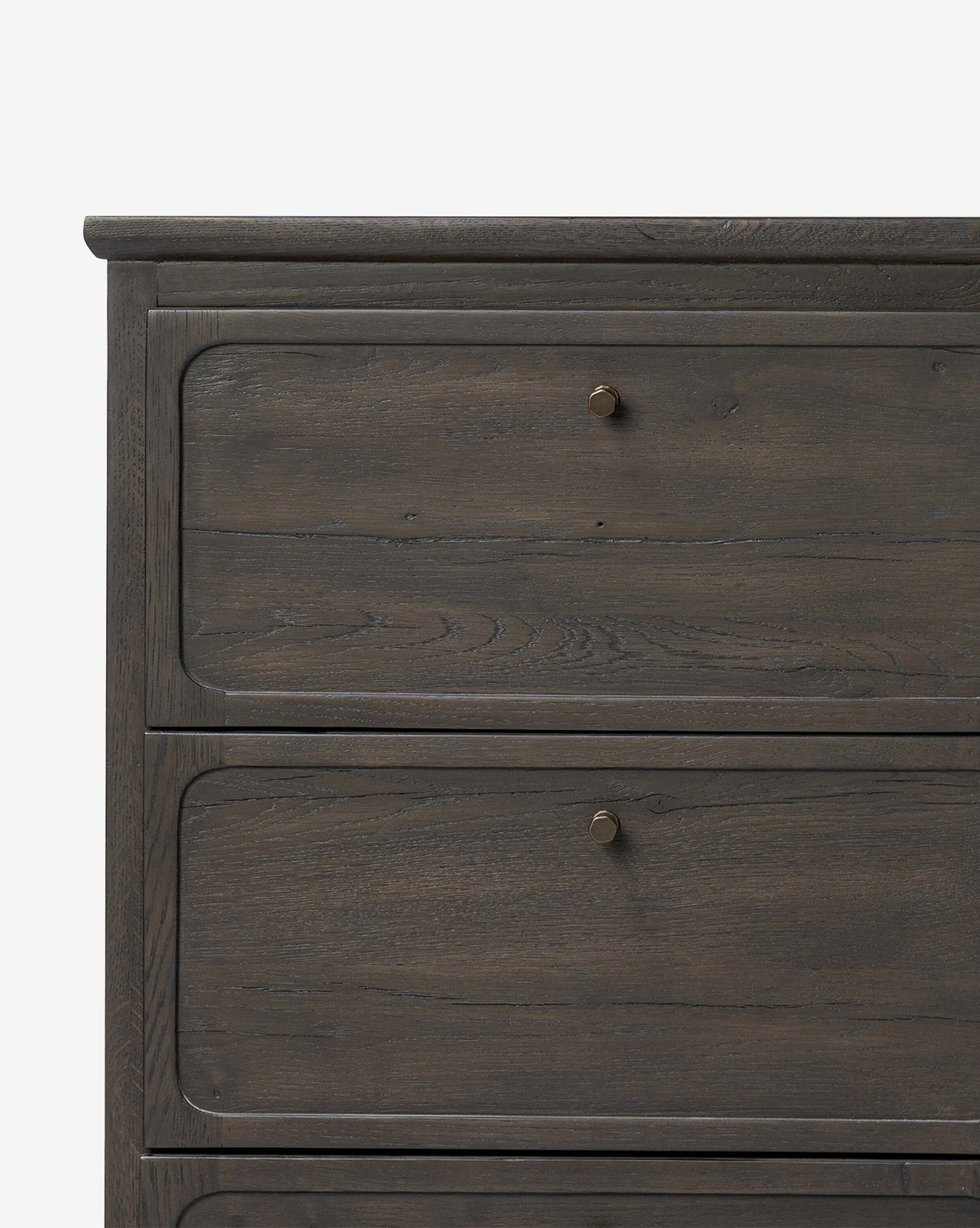 Close-up of the Eldoria Oak Sideboard’s top section in black, highlighting two drawers with round metal knobs and accentuating its refined modern deco style against a plain white background, by McGee & Co.