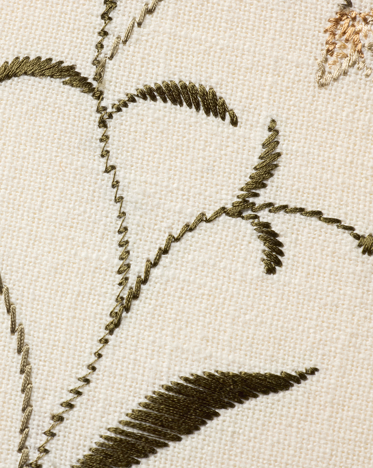 Close-up of Embroidered Pixie Flowers wall decor showcasing green leafy embroidery on cream cotton. Lustrous threads add texture and refinement to this elegant piece of botanical wall art, by McGee & Co.
