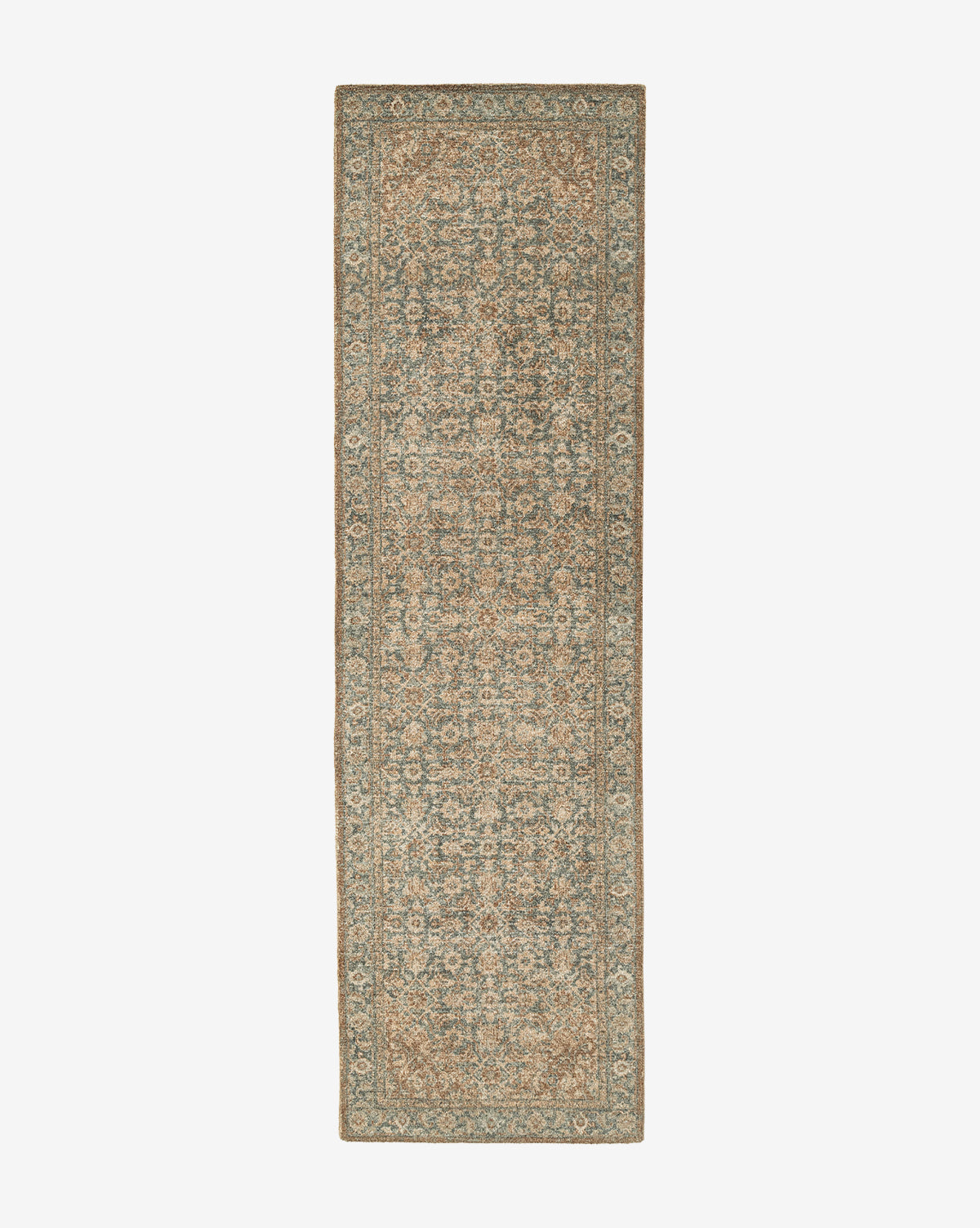 The Endicott Hand-Tufted Wool Rug features a rectangular shape with a vintage-inspired floral and geometric pattern in muted blue, beige, and taupe, complete with a decorative border and slightly distressed look, by McGee & Co.